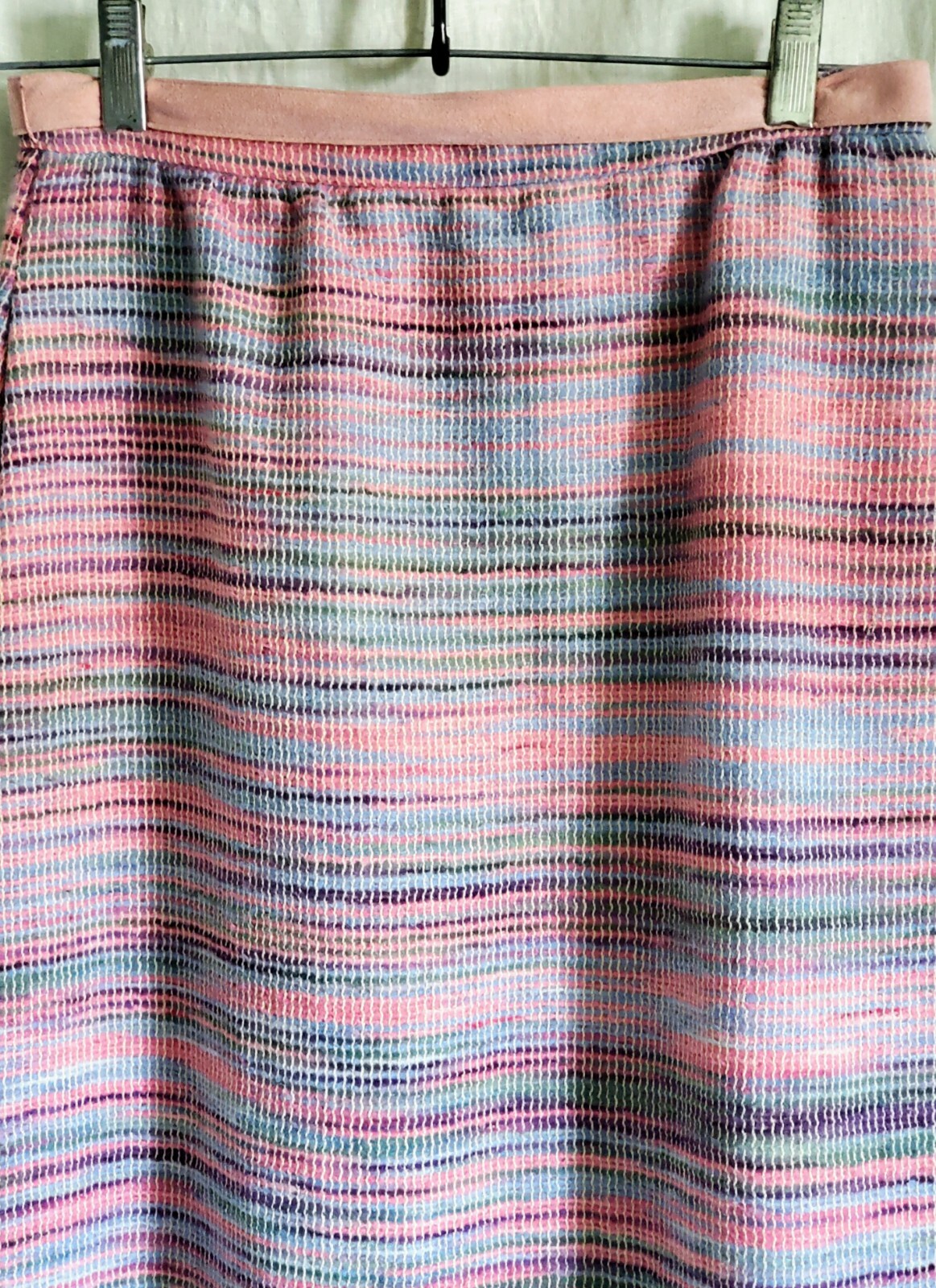VTG 70s Striped Woven Pastels Midi Skirt w/Ultra Suede Rose Belt S