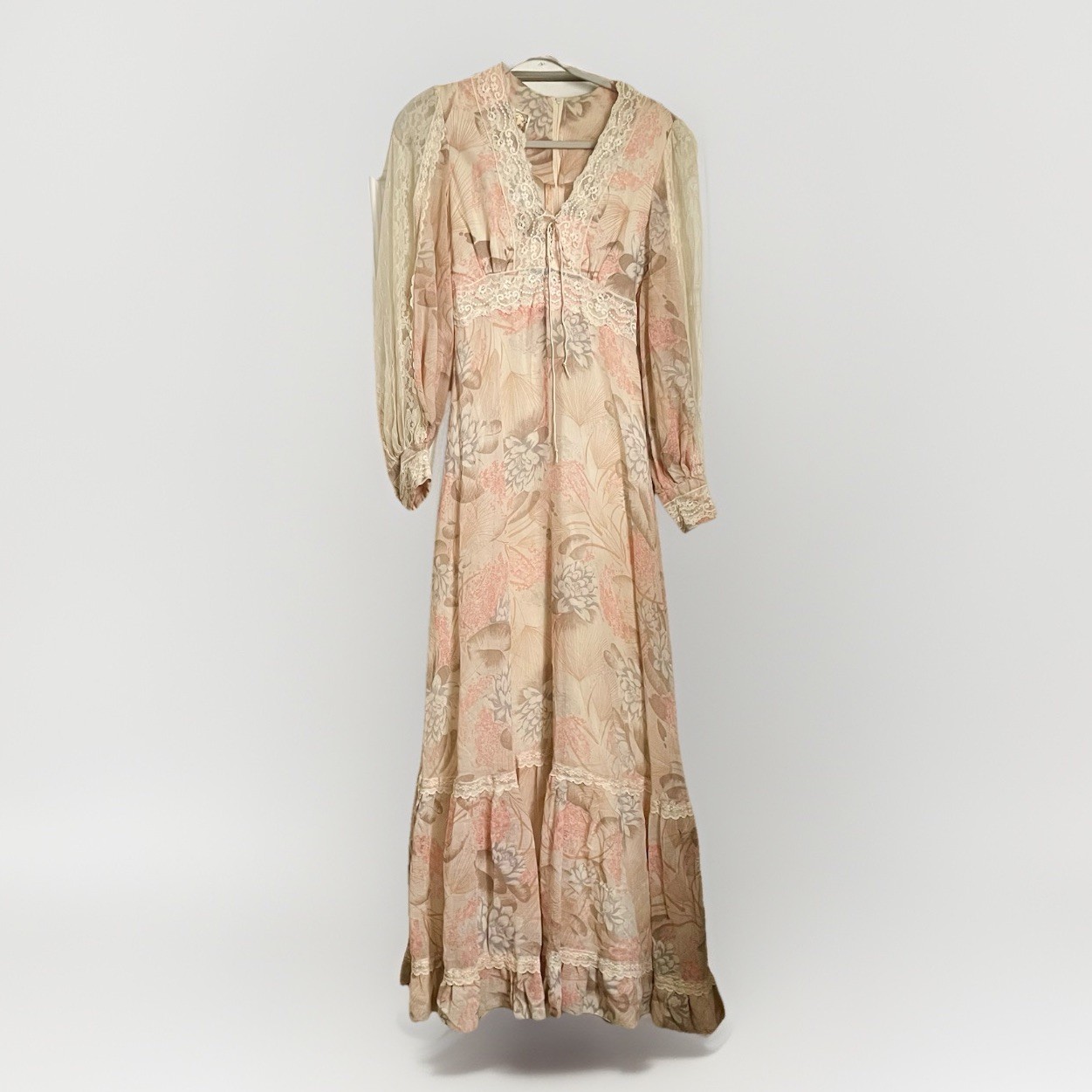 70’s Gunne Sax Dress By Jessica Floral Lace Long Maxi Prairie Boho Sz 11 Beige