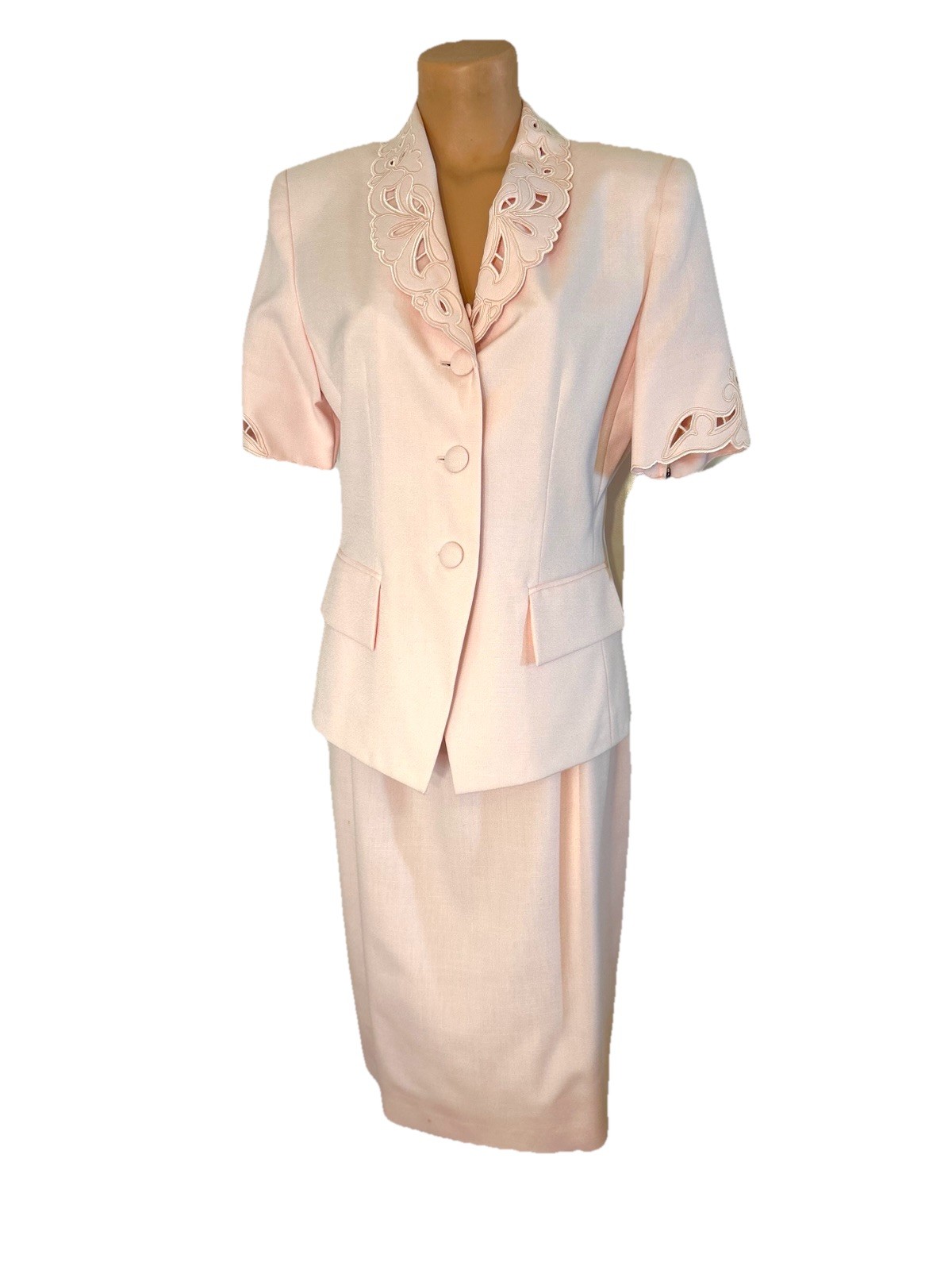 Kasper For ASL Skirt Suit Sz 10 Pink Lined Die Cut Lapel Short Sleeve Vtg Jacket