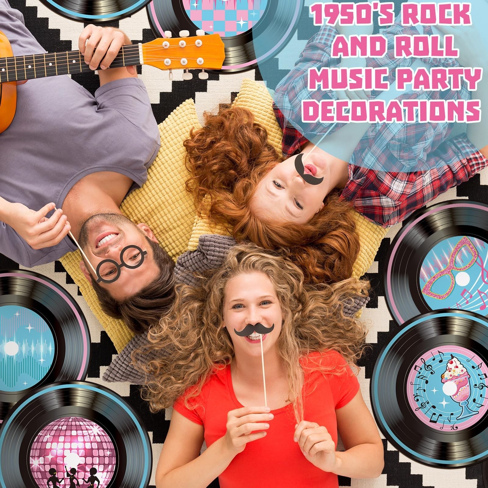 FillTouch 60 Pcs 13” 1950’s Rock and Roll Vinyl Record Placemat Vintage Musi…