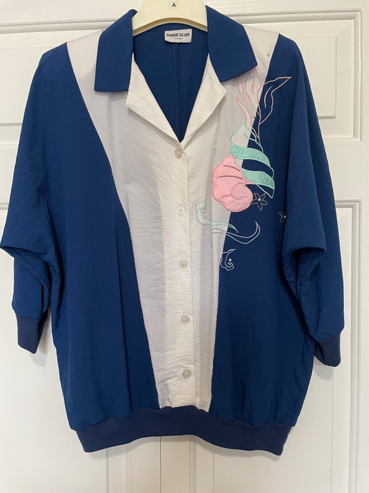 1980’s Bonnie Blair L/XL Women Top Blue Retro Sea Shell Gramma VTG Nautical EUC