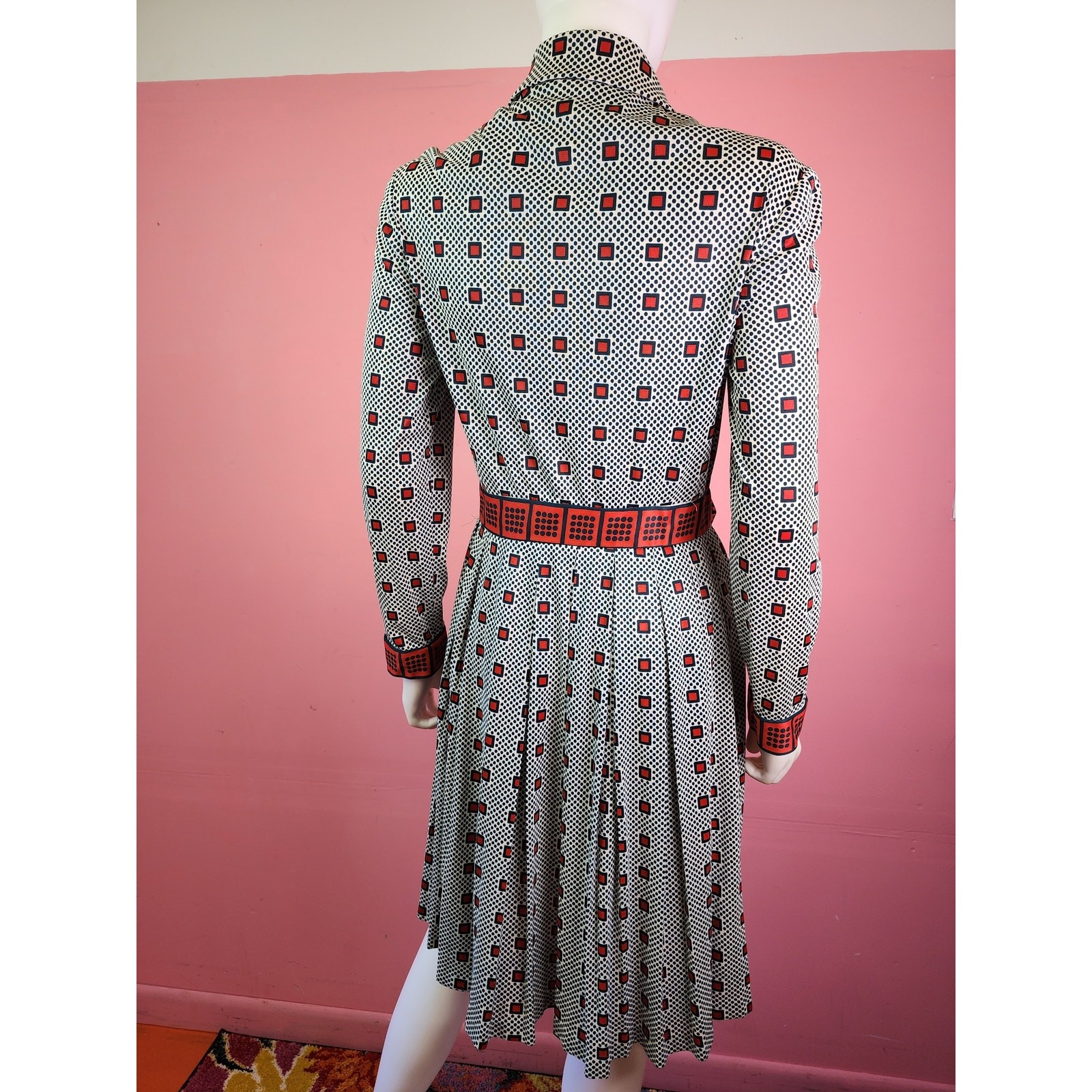 Vintage 1970’s Green and Red Checkered Dot Patterned Pleated Shirt Dress