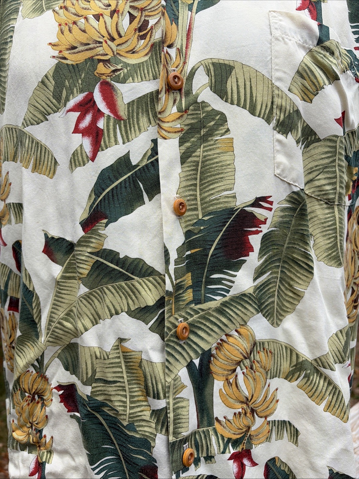 Paradise Found Vtg Hawaiian Shirt Bananas Palms M Green Red Button Cotton HOLE