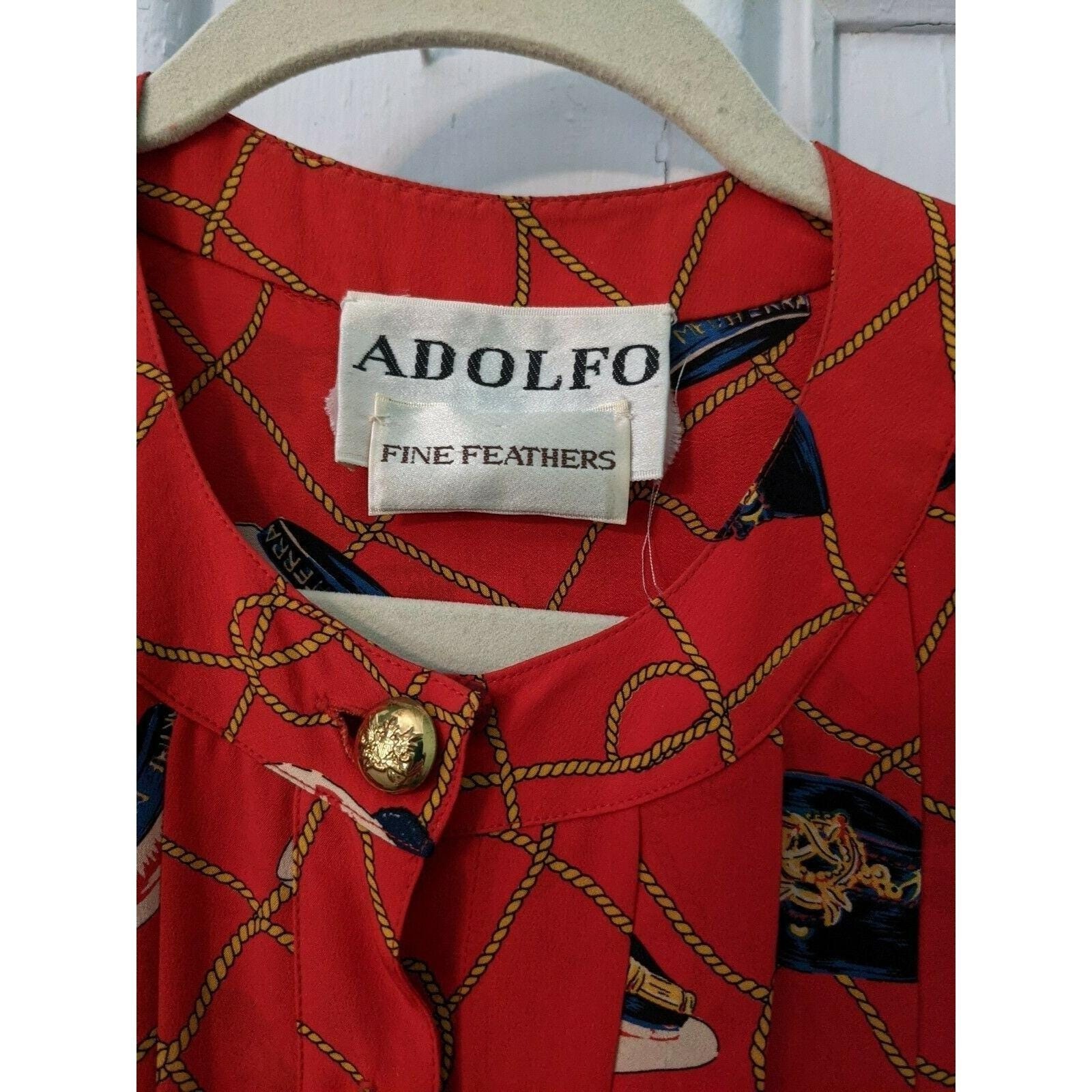 Adolfo Fine Feathers Red Nautical Dress Captain Hat Rope Print Vintage 80s