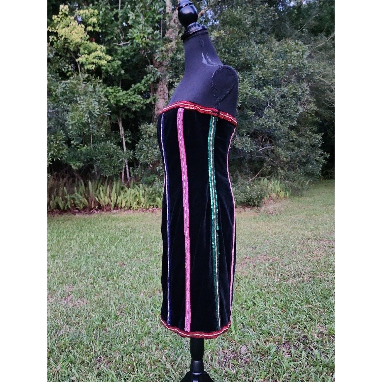 VTG Escada Black Velvet Strapless Dress with Pink Green Blue SEQUIN Gold BEAD M.
