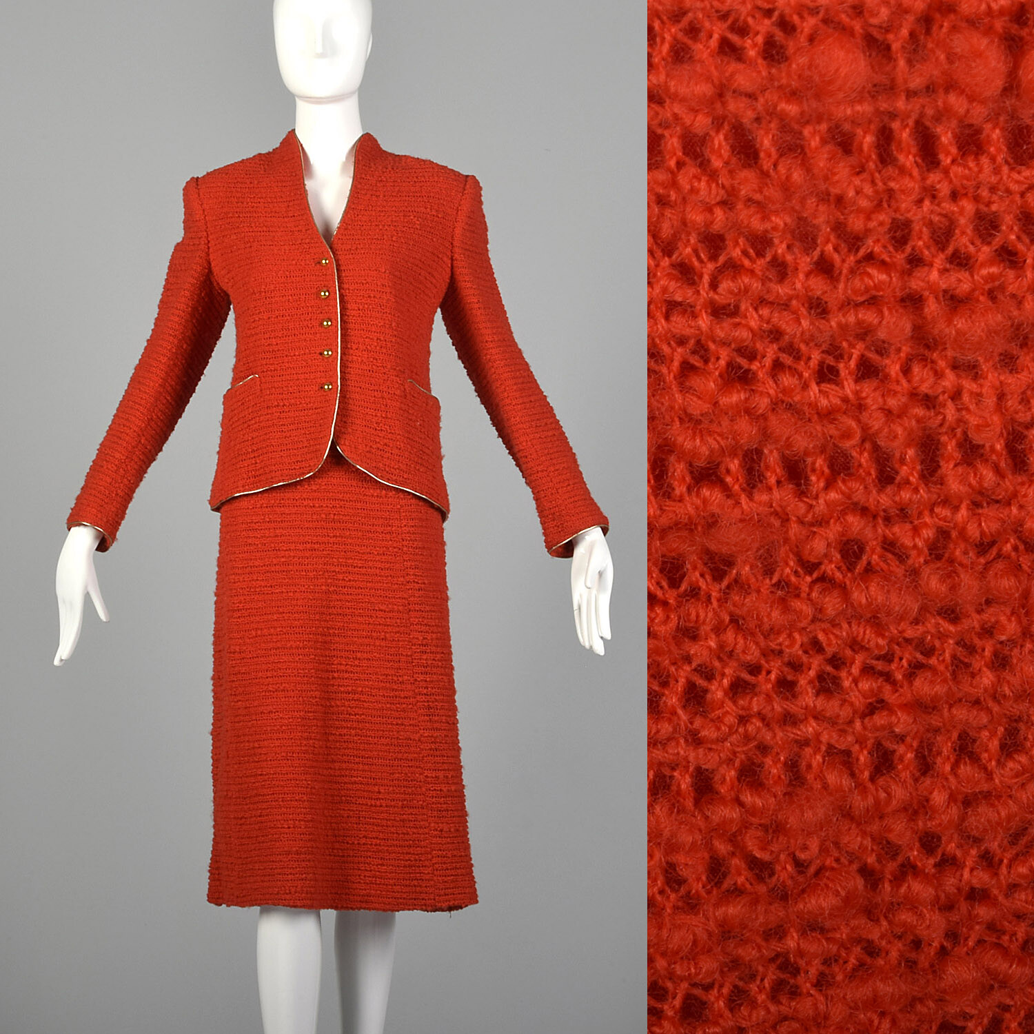 M Beni Salvadori Sara Fredericks 1970s Bright Red Open Knit Skirt Suit 70s VTG