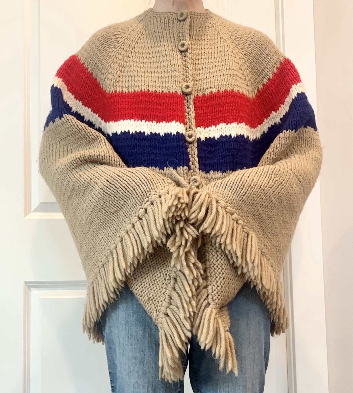 Vintage Handmade Chunky Knit Poncho Cape Blanket Sweater Boho Hippie Fringe