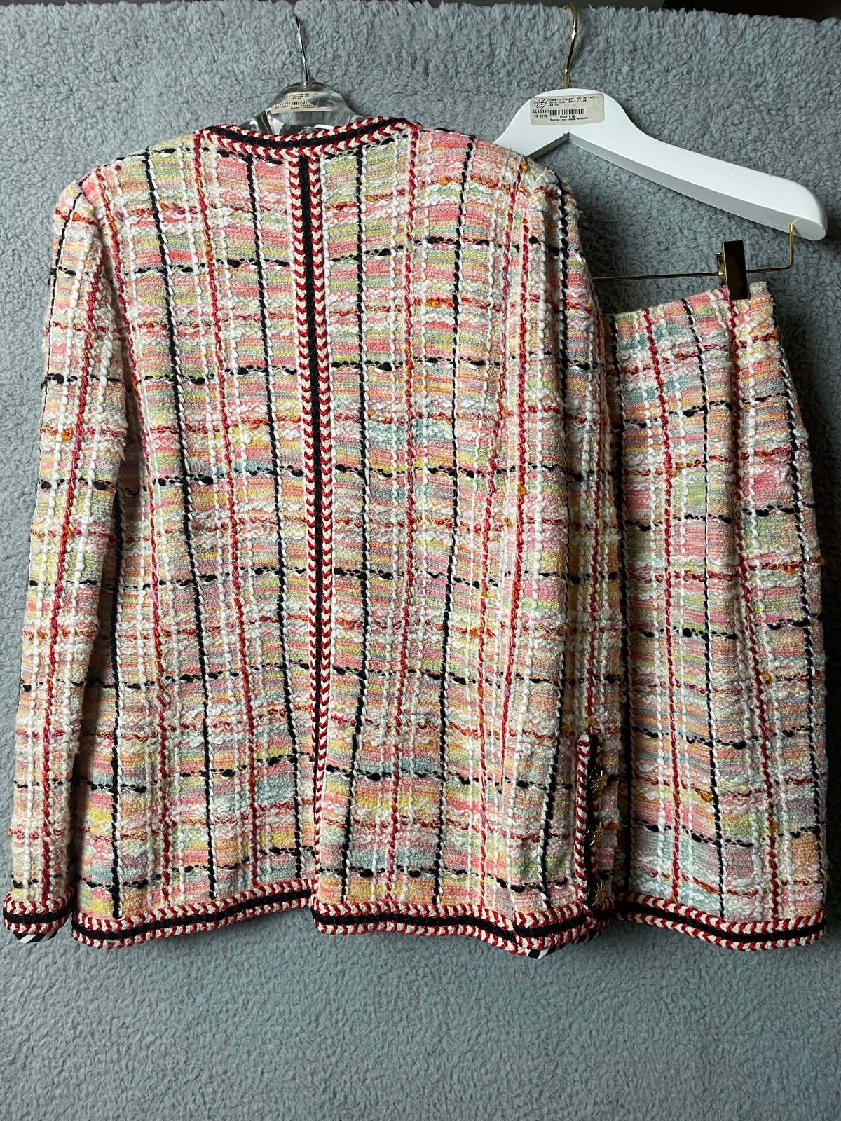 Vintage Adolfo Jacket & Skirt Suit M Pink Red Boucle Starburst Buttons Saks