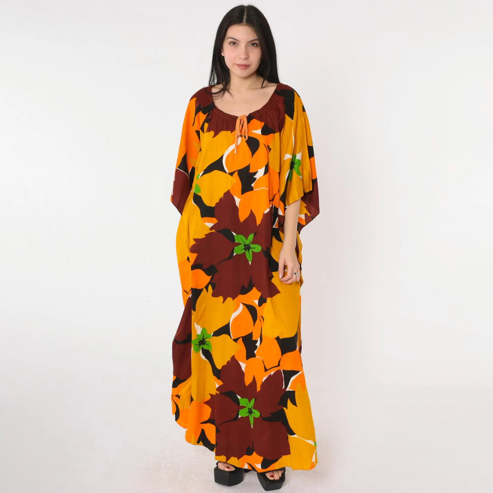 Vintage Hawaiian Caftan Dress 70s Boho Floral Maxi Hippie Bohemian 1970s Long Te