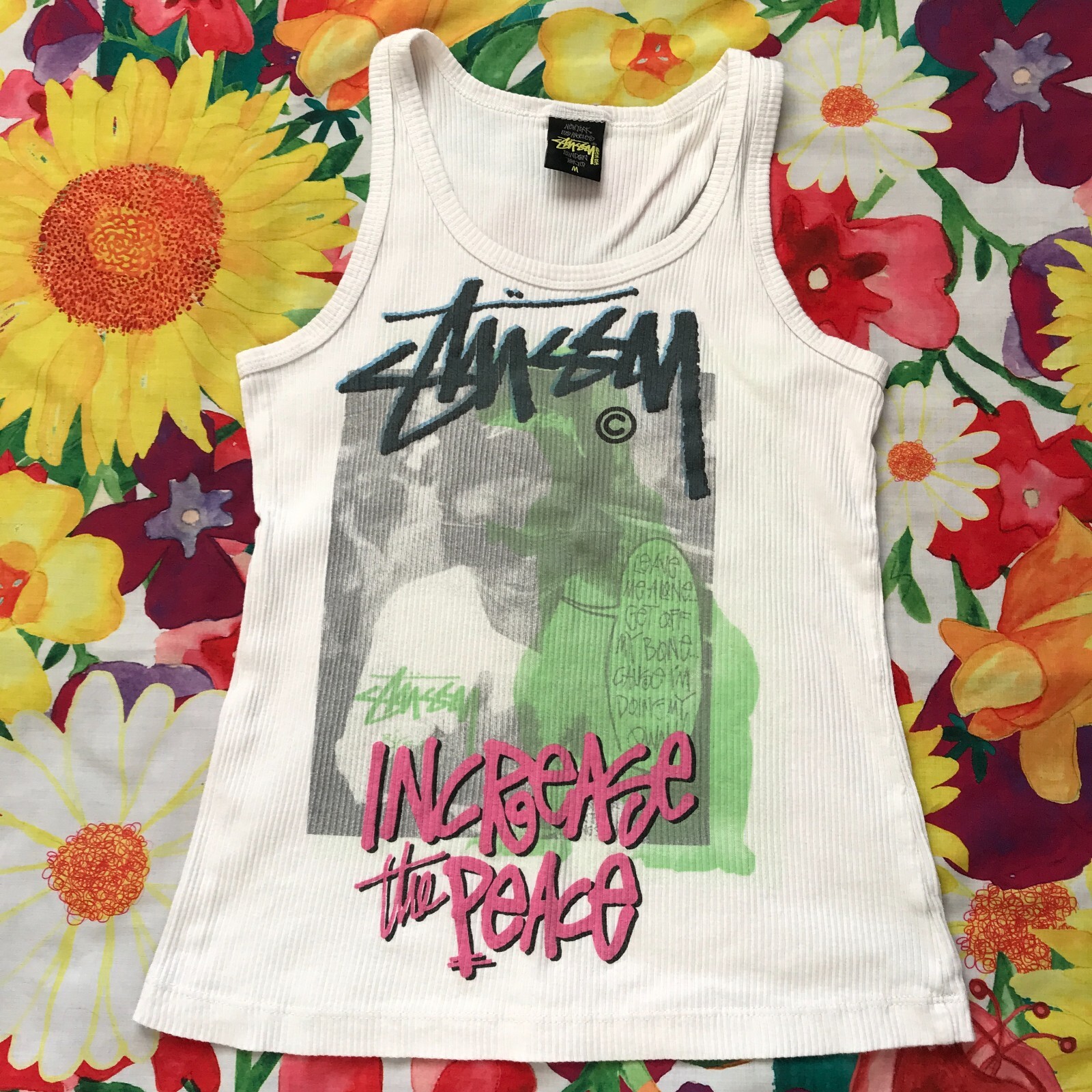 Vintage Women’s Stussy Stüssy Increase the Peace Rap Graphic Ribbed Tank Top M