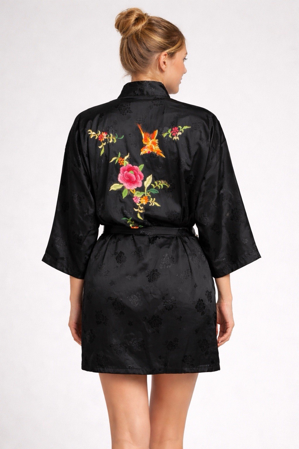 Vintage Golden Bee Black Embroidered Bird And Floral Kimono Satin Robe Large NWT
