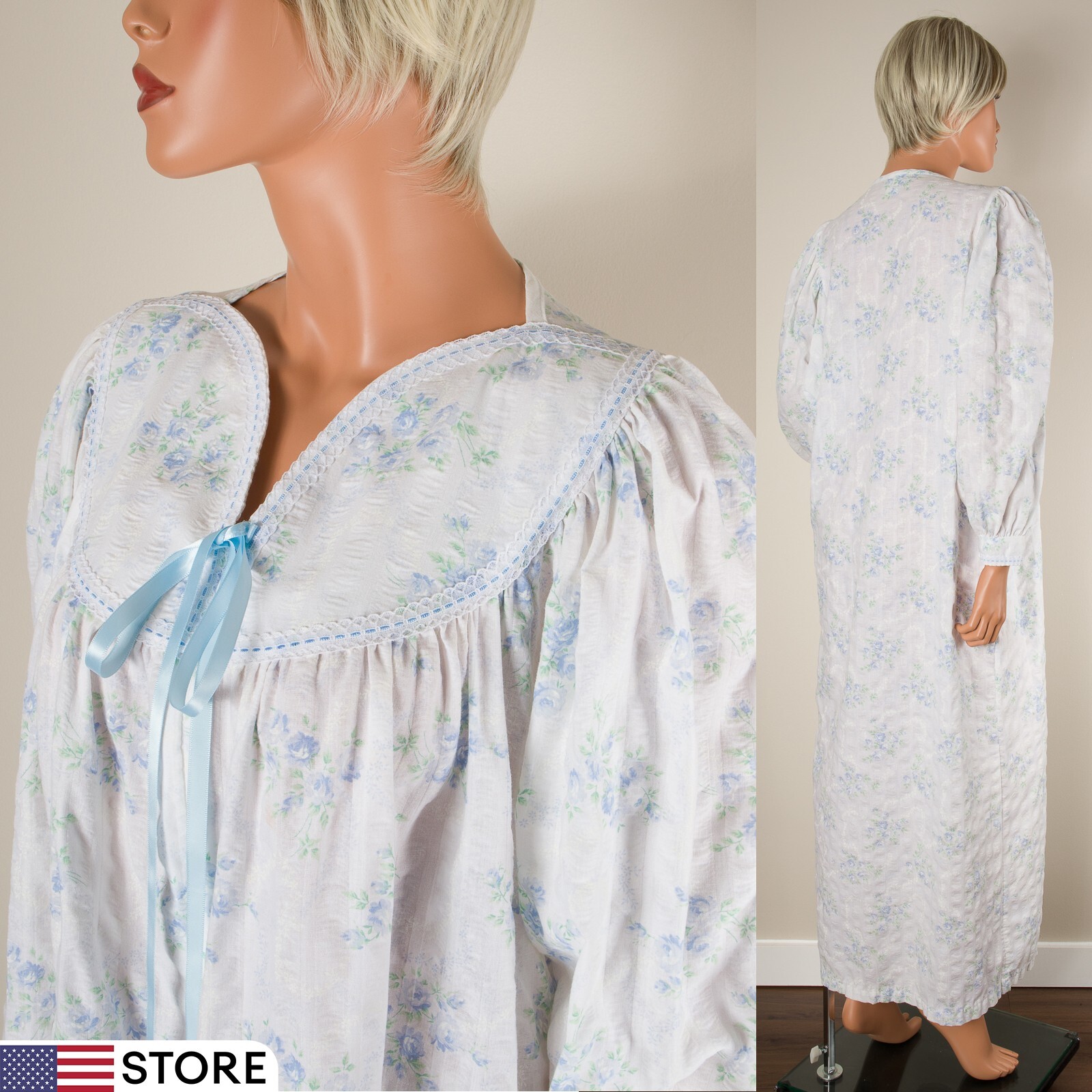 💖 APPEL Vintage Floral White Nightgown Half Zip Cotton Blend Long Sleeve M