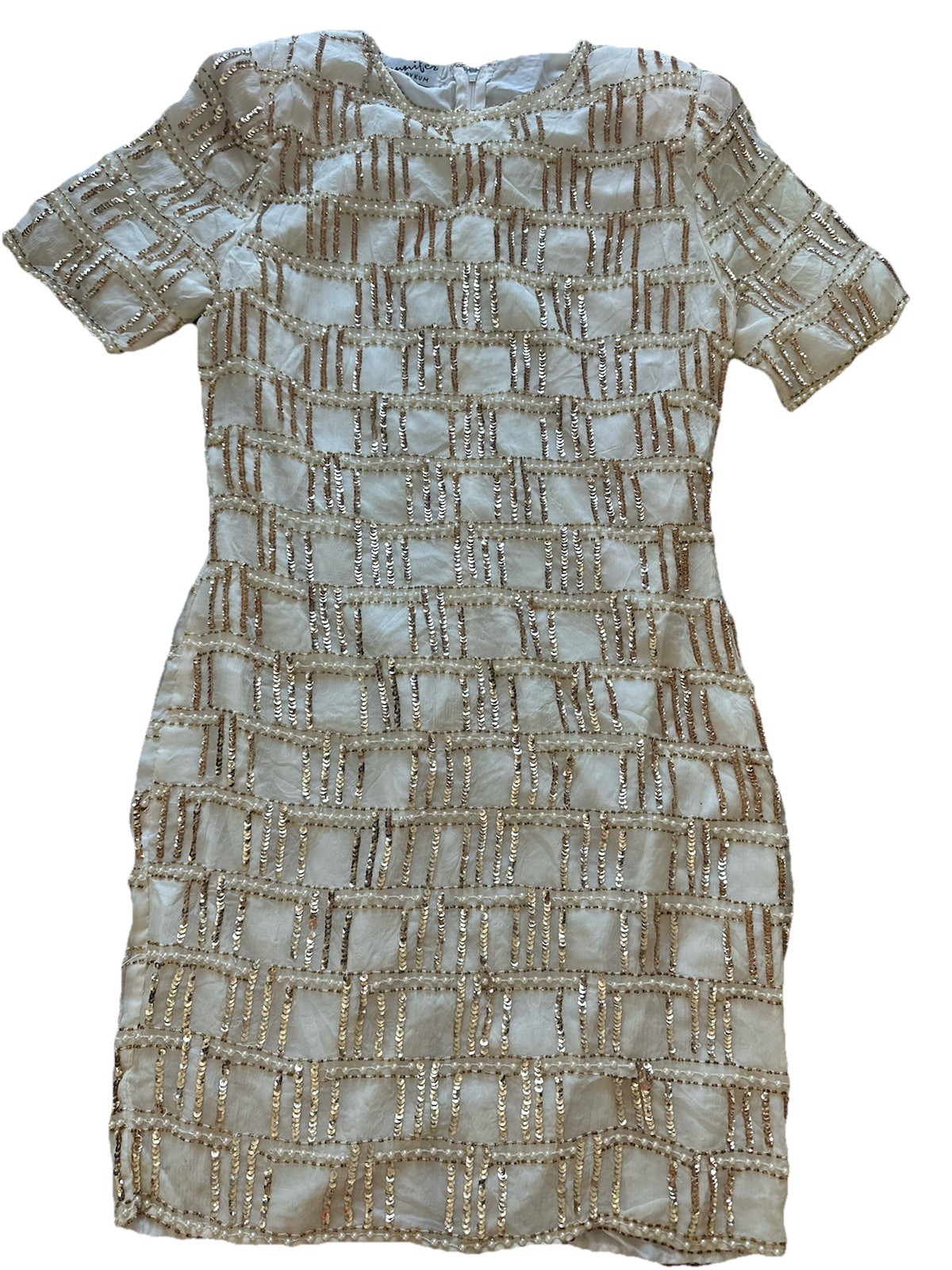 Vintage 90s Beige Silk Beaded Cocktail Dress Jennifer KVM M