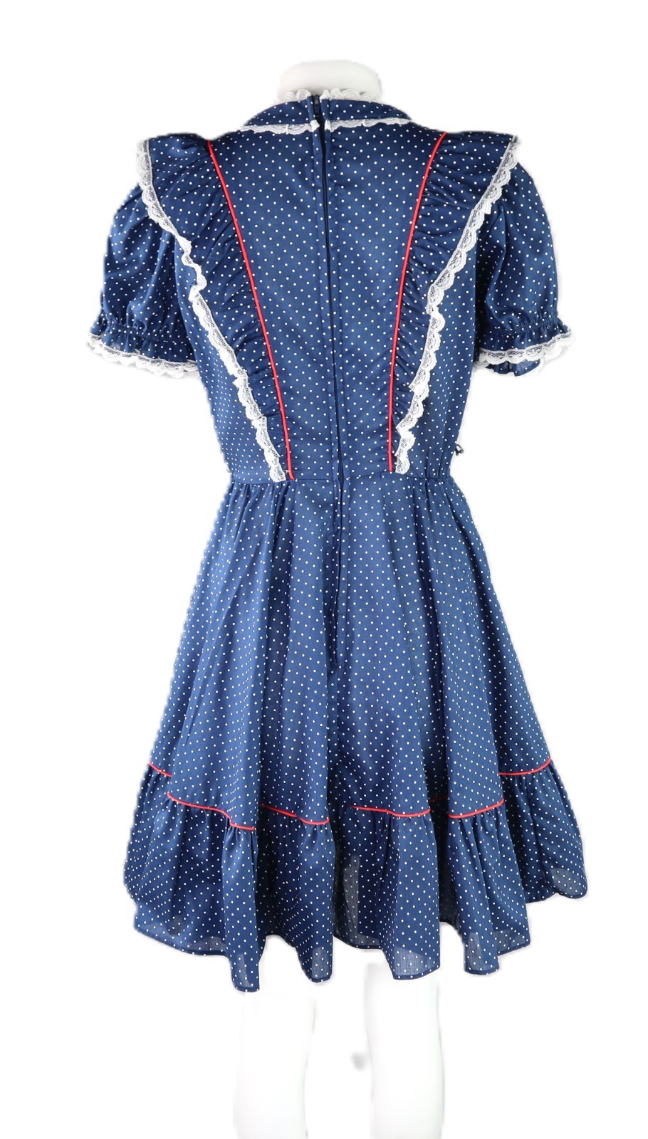 VTG 60s Jeri Bee USA 0 XS Square Dance Prairie Lace Polka Dot Knee Dress Blue