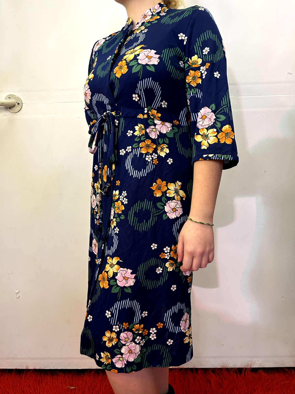 Vintage 1980s Stand Collar Shirt Waist Dress Blue Floral Polyester Buttons AU 14
