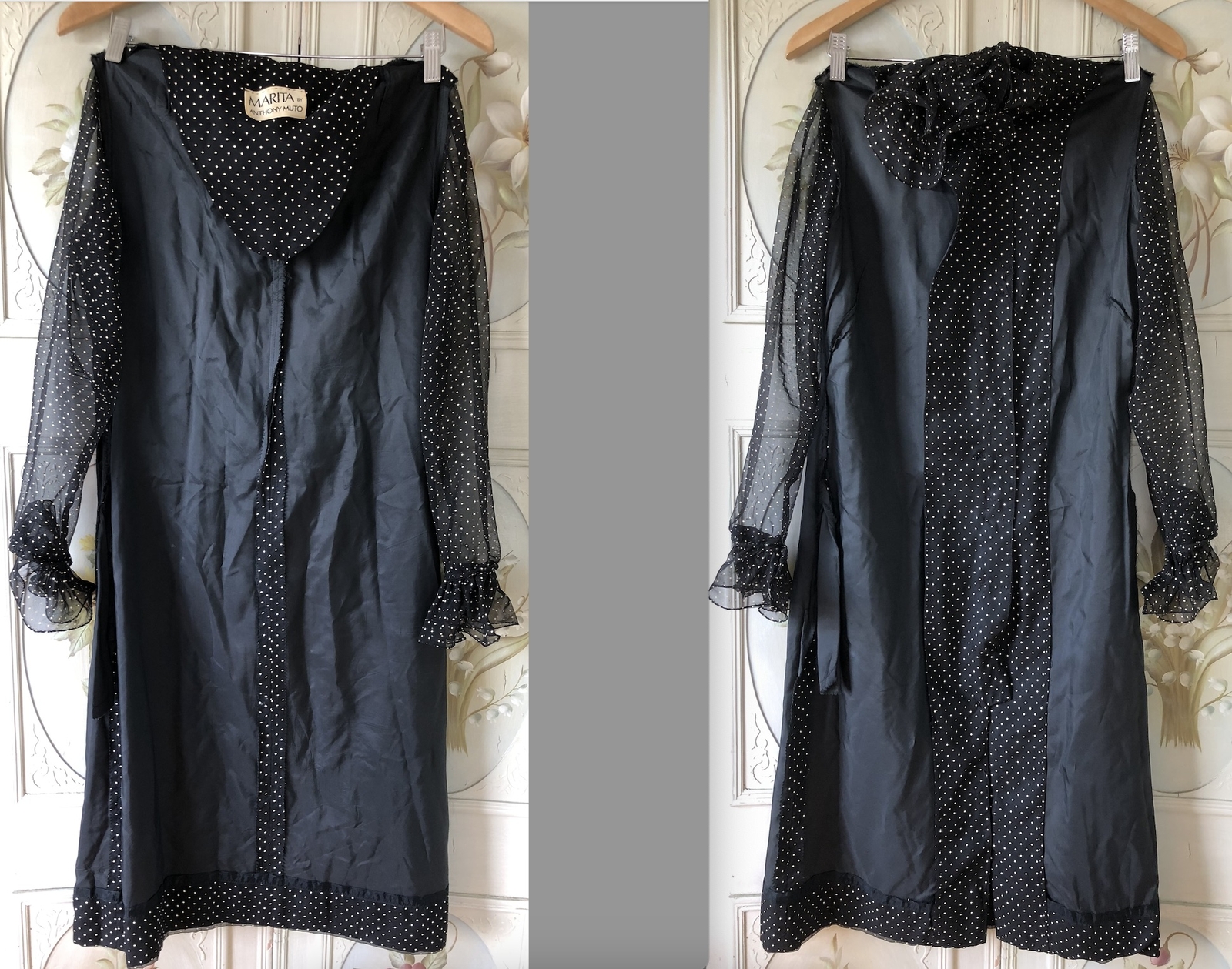 VTG 70s MARITA ANTHONY MUTO BLACK WHITE POLKA DOT RUFFLE COLLAR DRESS CHIFFON