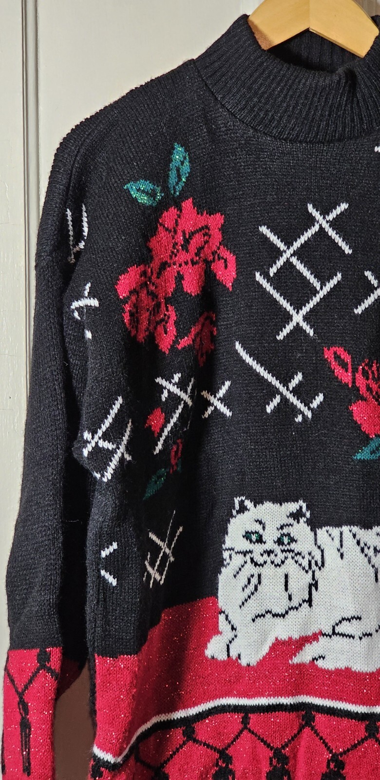 VTG SPUNKY Ugly Sweater Women L Black Red Metallic Whimsygoth White Spooky Cat