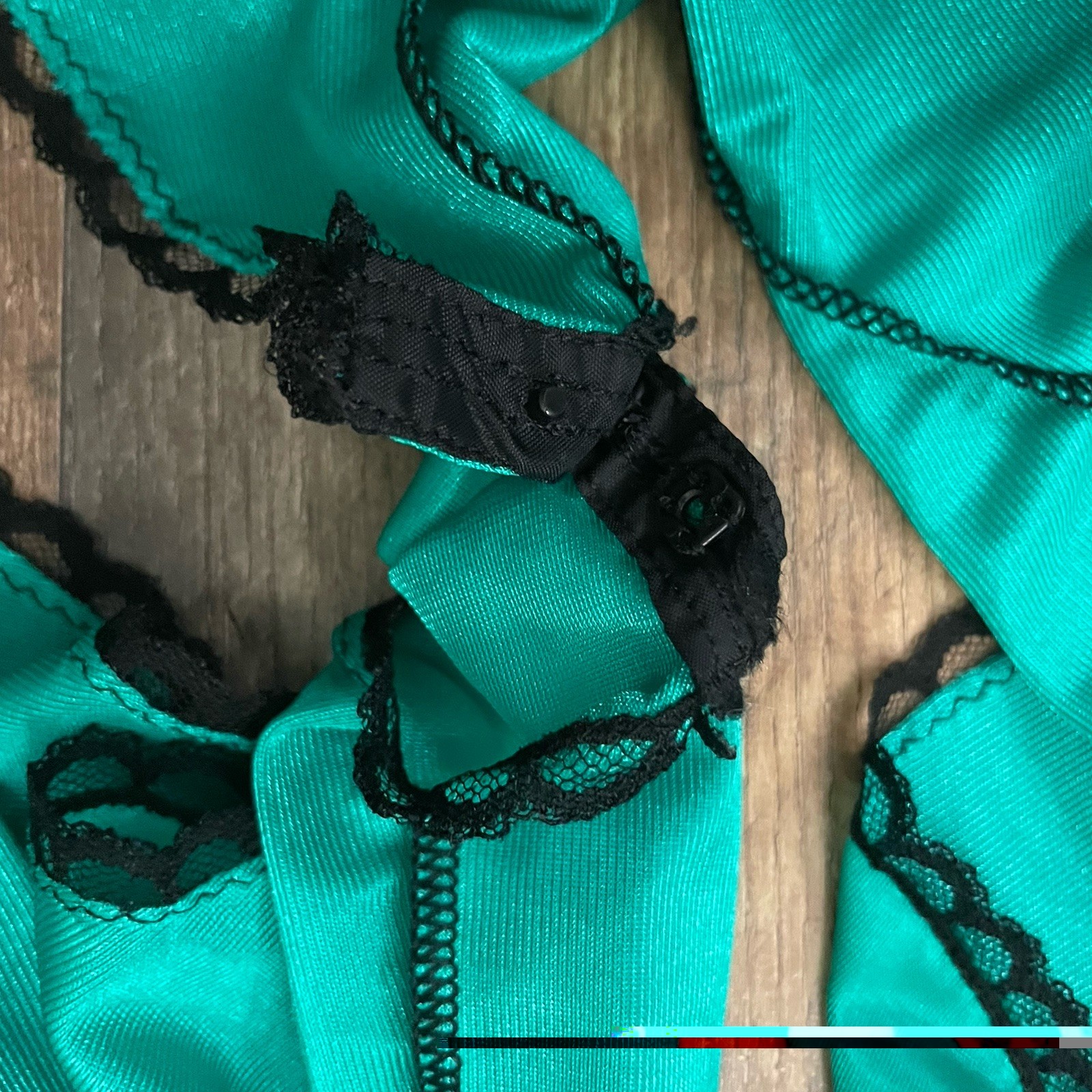 Vintage 80s Lingerie Teddy Romper Size 40 Roamans Green Satin Sissy Black Lace