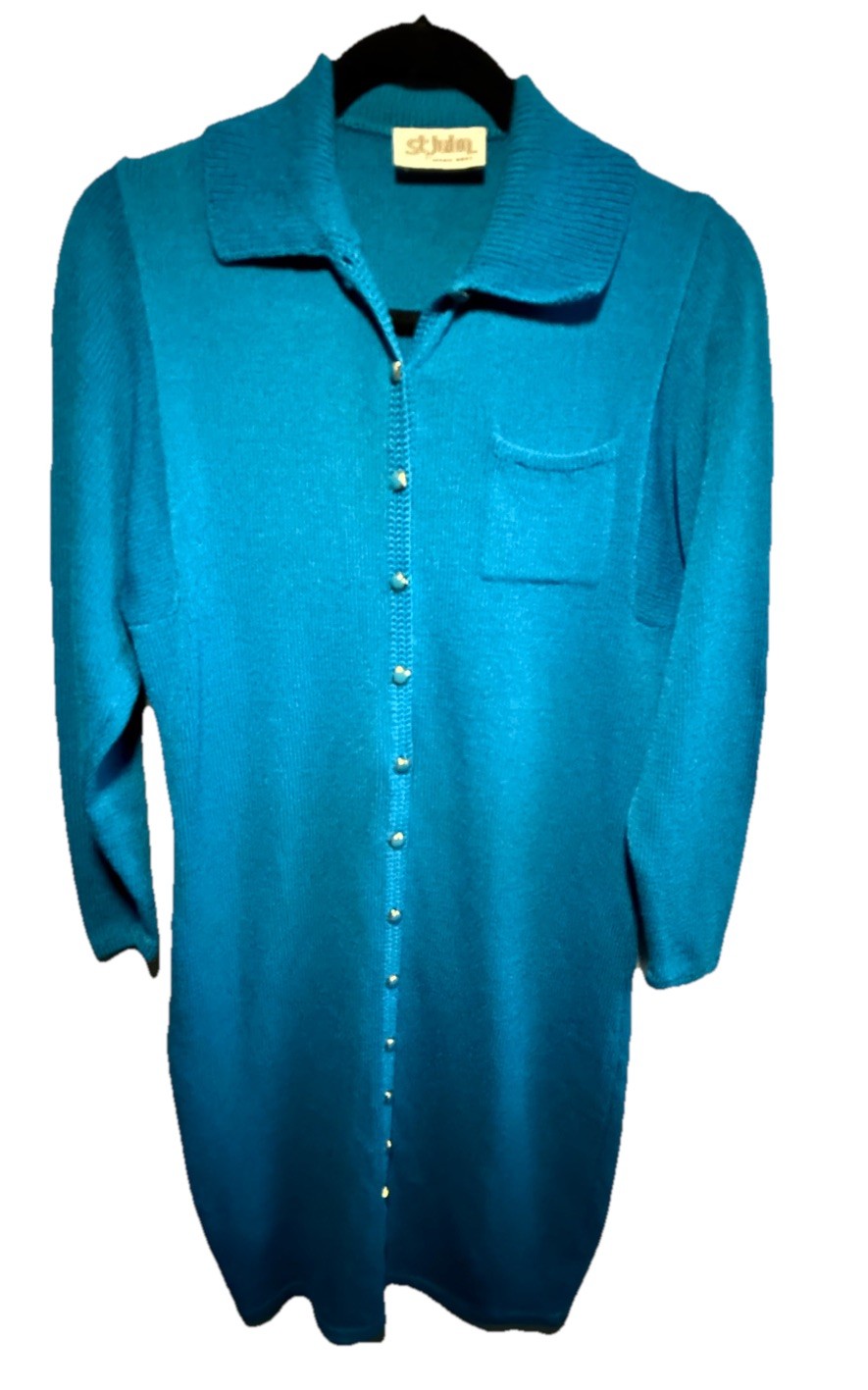 Vintage Collector St. John Santana Knit Enamel Button Teal Spring Dress M / L