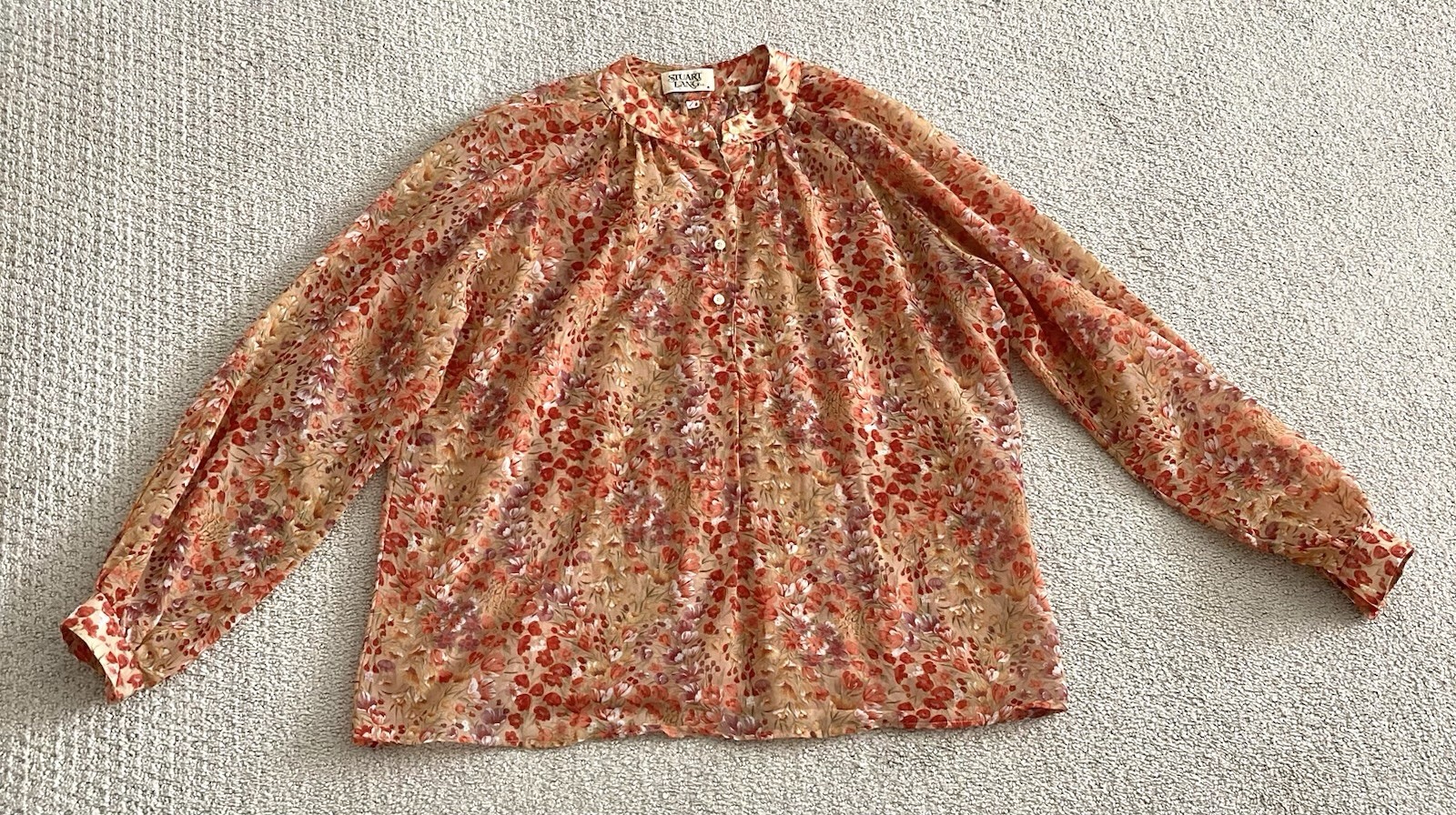 Vtg 70s 80s Autumn Floral Secretary Blouse Top Semi Sheer Women’s Size 7/8
