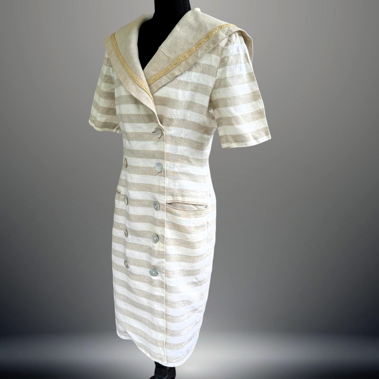 Vintage Linen Sailor Dress Women’s 14 Nautical Stripe Double Breasted USA Made