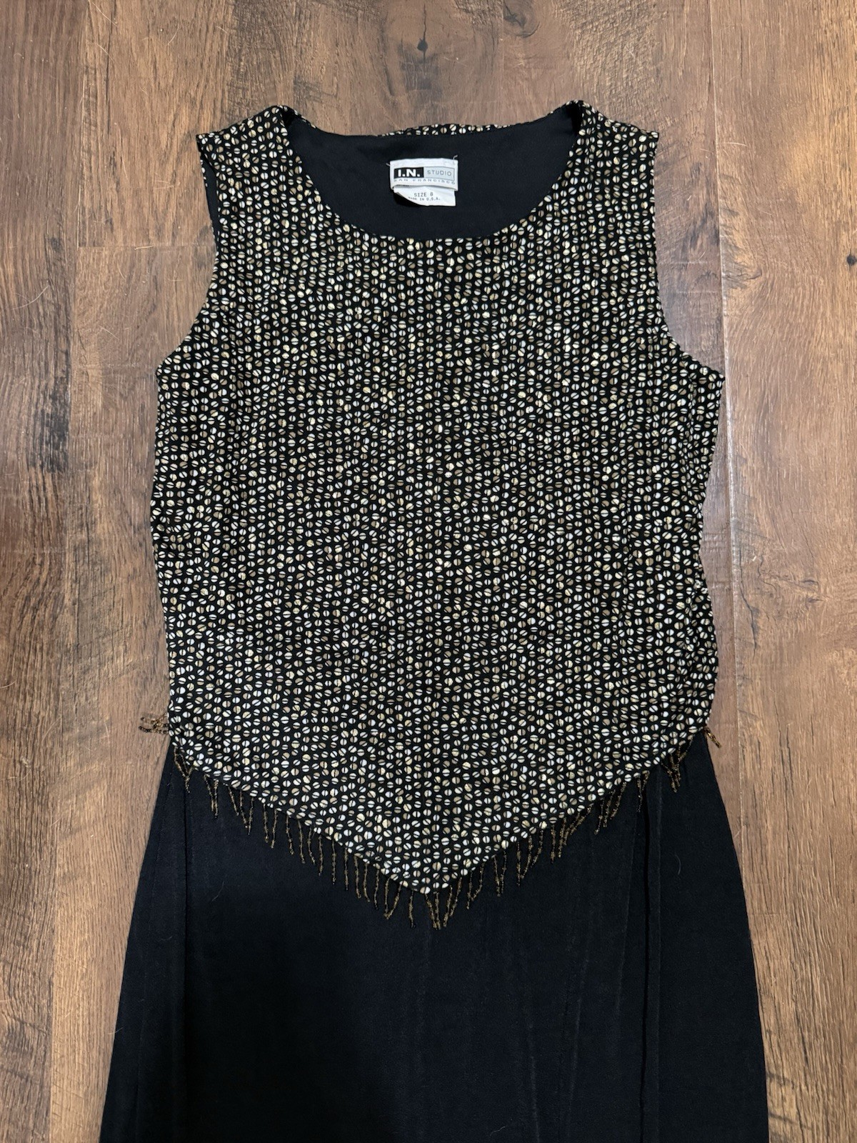 VTG 90s I.N. Studio San Francisco Long Maxi Black Gold Circle Fringe Dress Sz 8