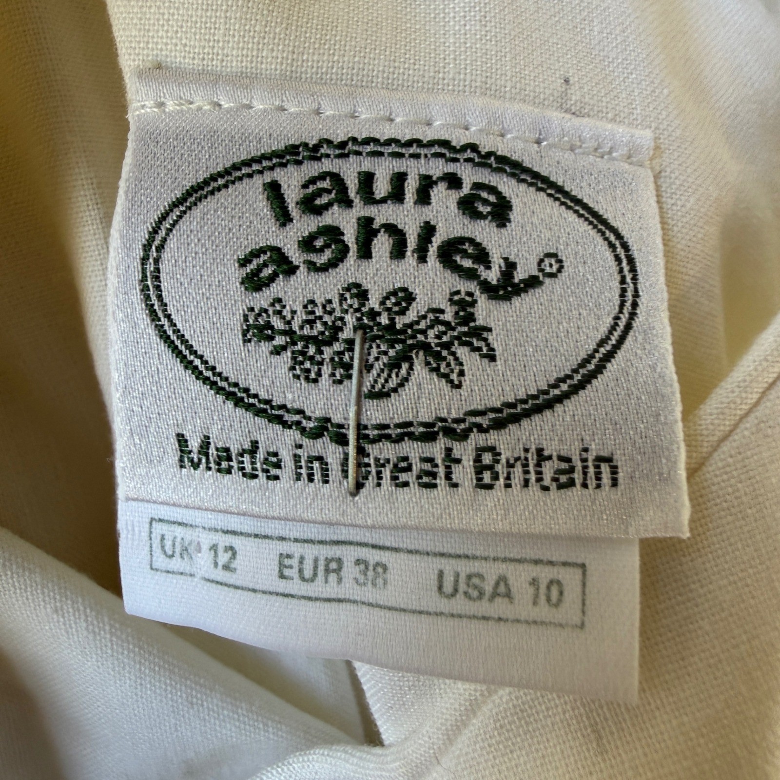 Laura Ashley Dress Womens 10 Cream Vintage 80s Cotton Puff Sleeve Midi V-Neck
