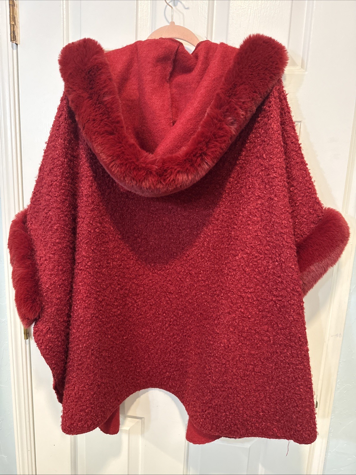 Cranberry Red Bouclé Cardigan Luxury Faux Fur Bouclé Cape Cotton Wool Blend OS