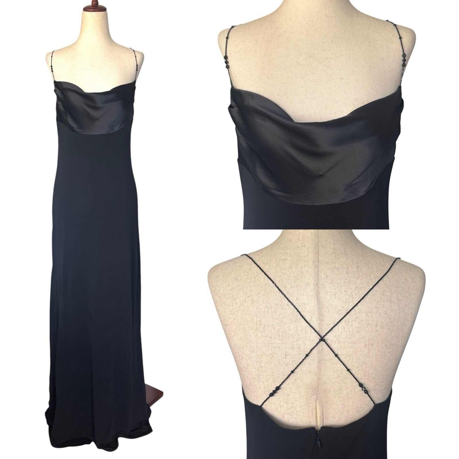 Vintage 90s Laundry Black Slip Maxi Dress Gown Beaded Straps Minimal Formal sz 6