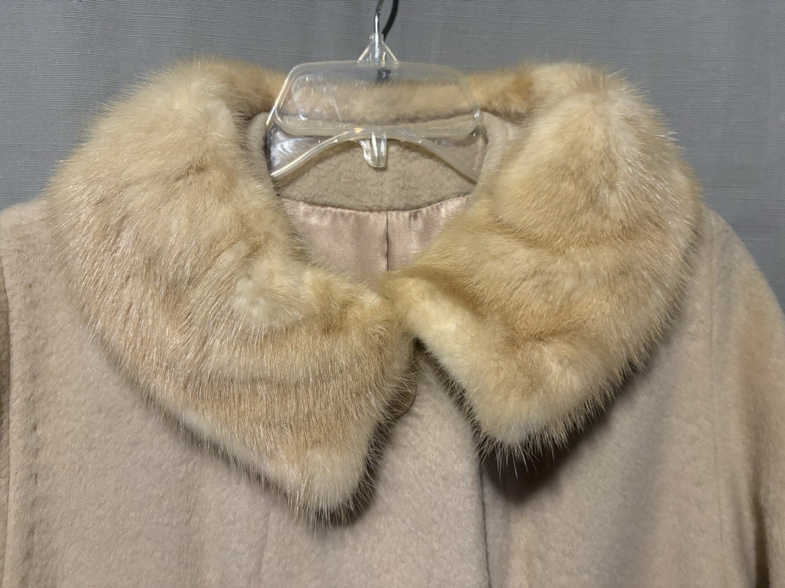 Vintage Forstmann Beige Wool Coat with Mink Fur Collar Small Some Damage!