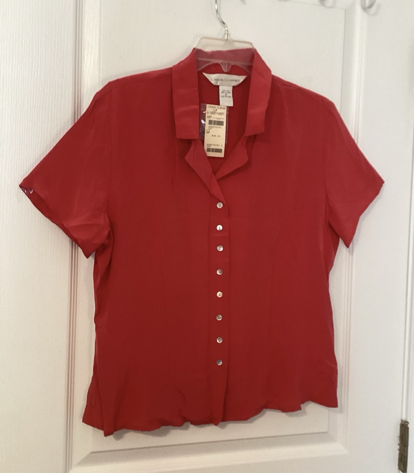 Casual Corner Vintage 100% Silk Blouse Sz12 Collared Button-Up Red Short Slv NWT