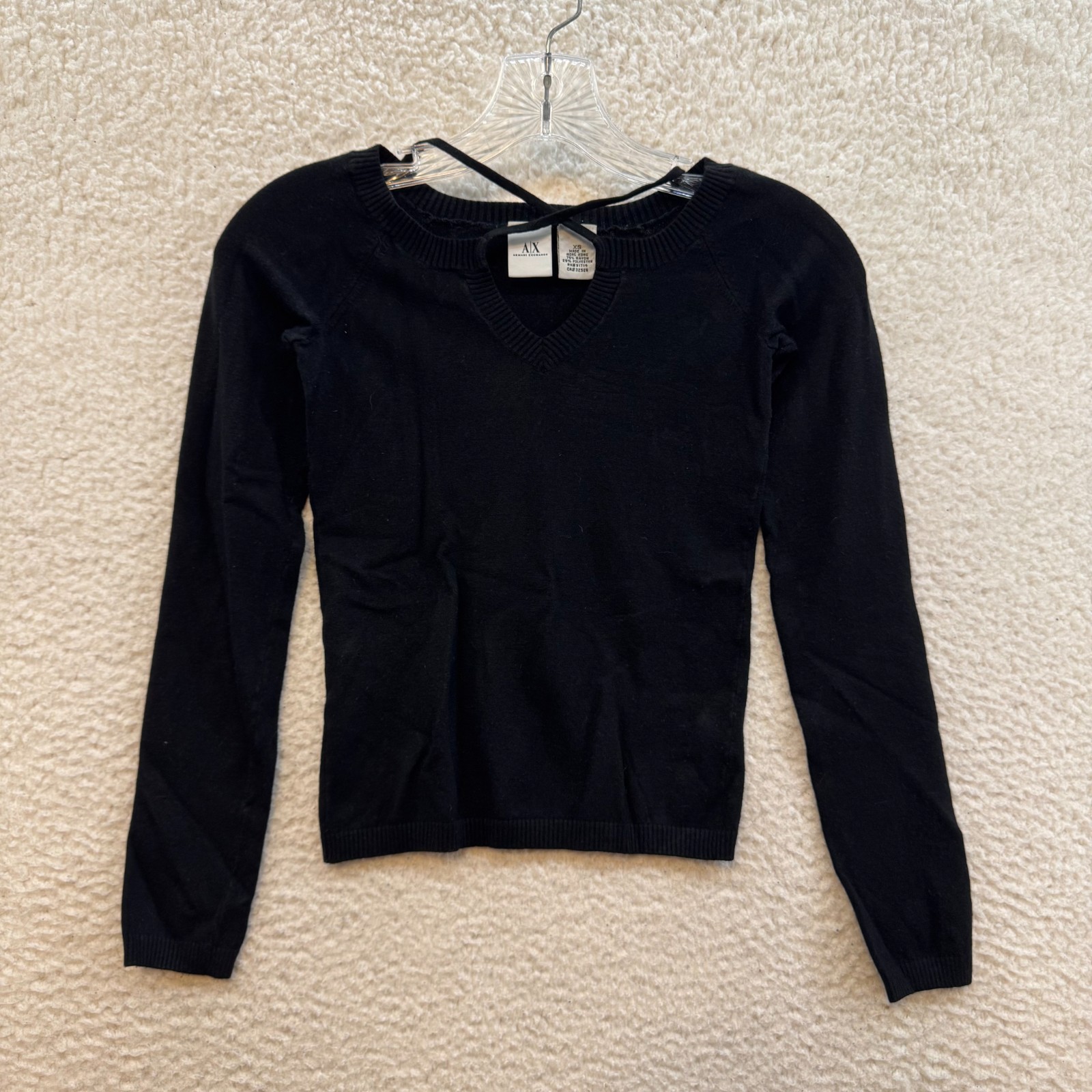 Y2K Vintage Top XS Black Knit Long Sleeve Criss Cross Keyhole Neckline Corpcore