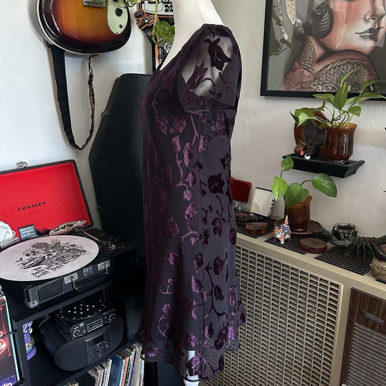 Whimsical Jones New York Black & Purple Floral Dress With Sheer Sleeves