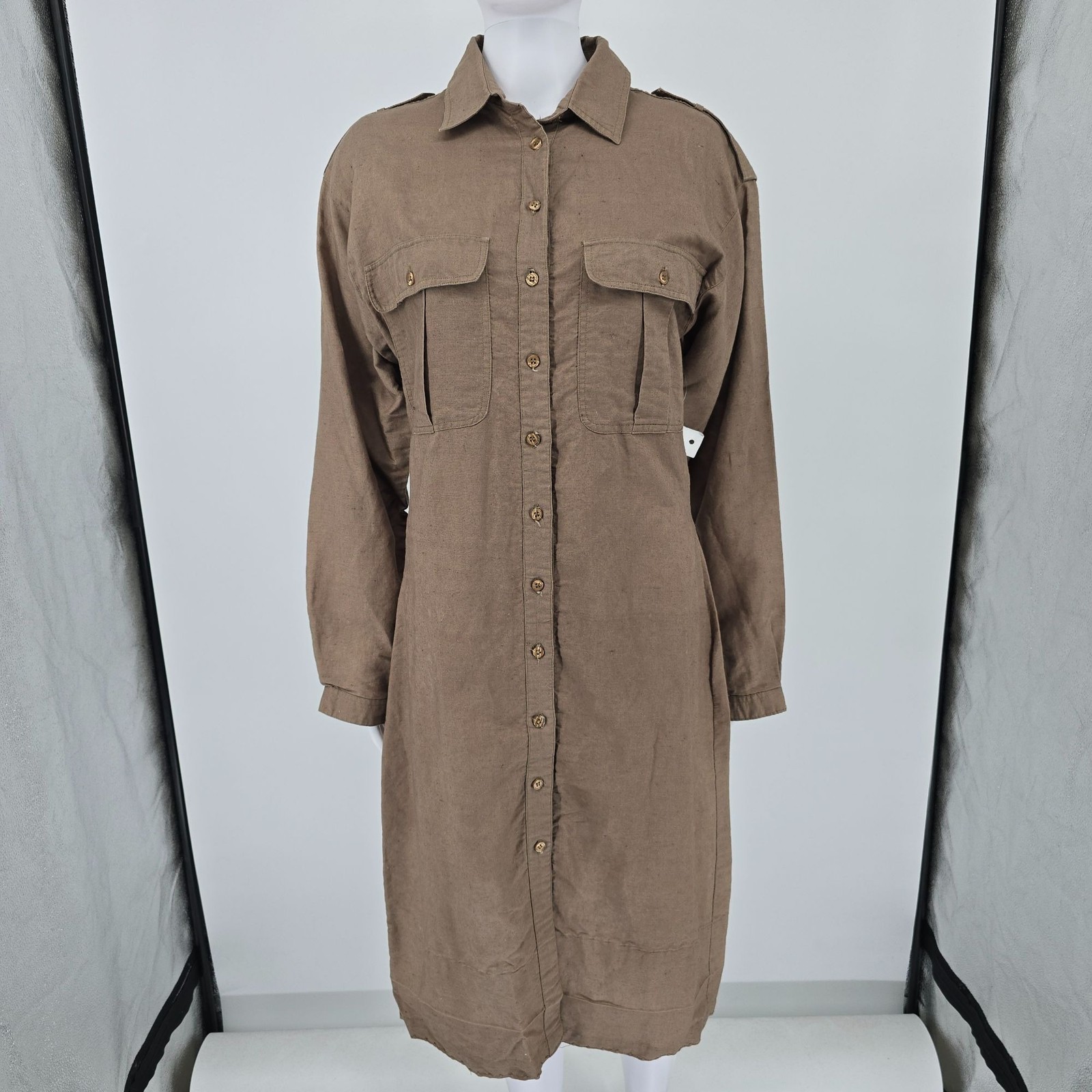 Vintage 1990s David Benjamin Ramie Blend Midi Safari Shirt Dress (10/M)