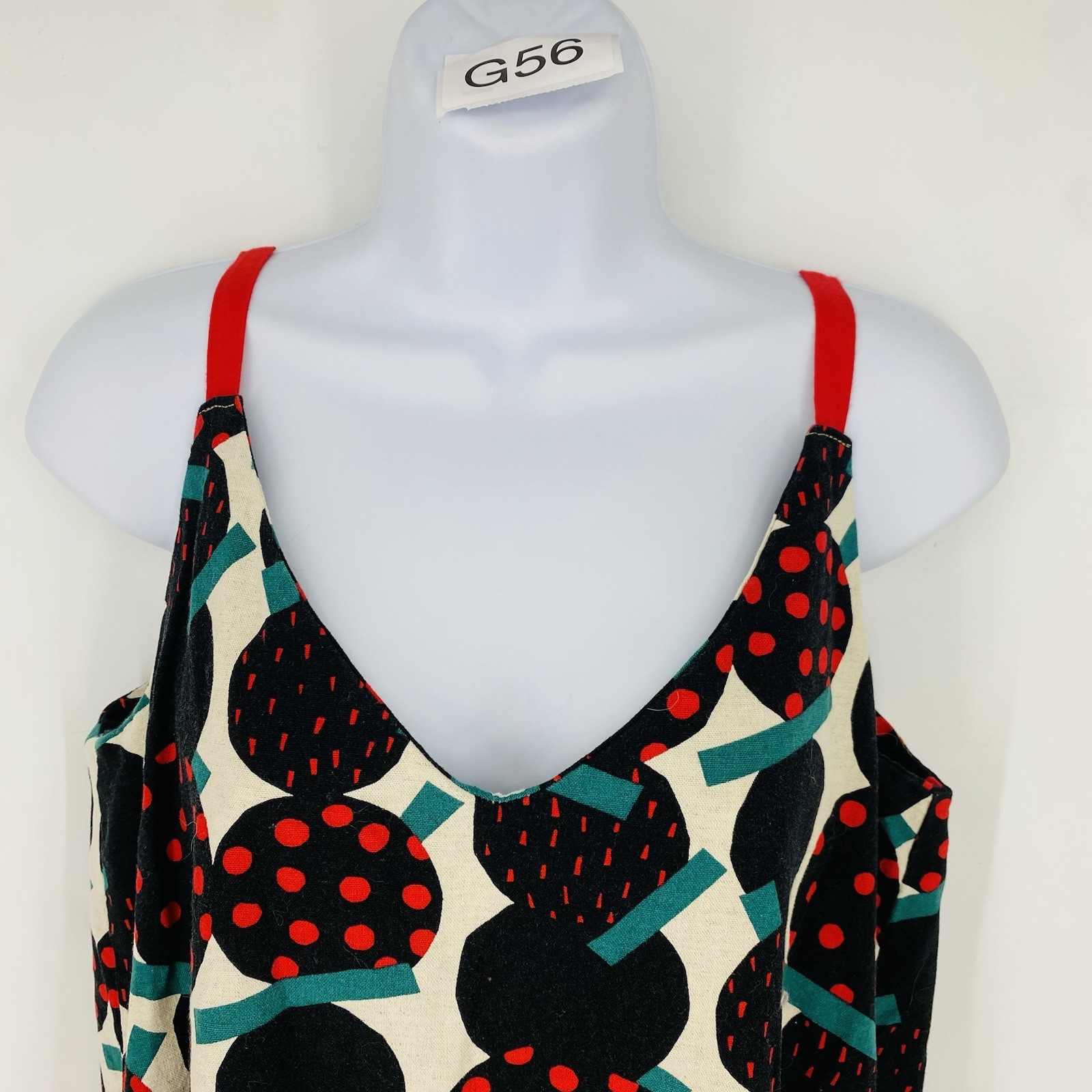 Vintage Handmade V Neck Maxi Dress Red Modern Print Tiered Skirt Size L