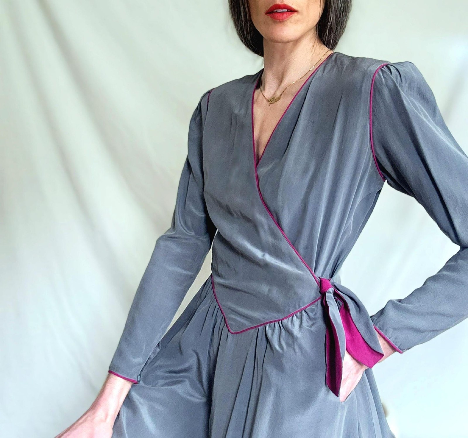 1970s 100% Silk Midi Wrap Dress: Vintage A-line Secretary Dress, 6