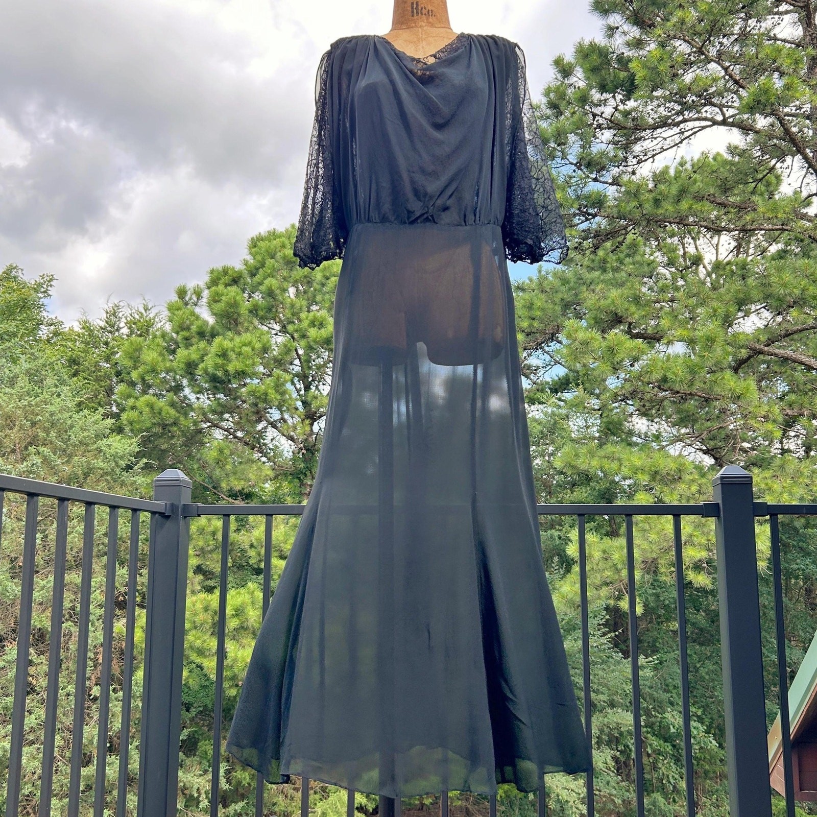 Vintage 30s Black Sheer Silk Chiffon Chantilly Lace Shirred Draped Flowy Midi