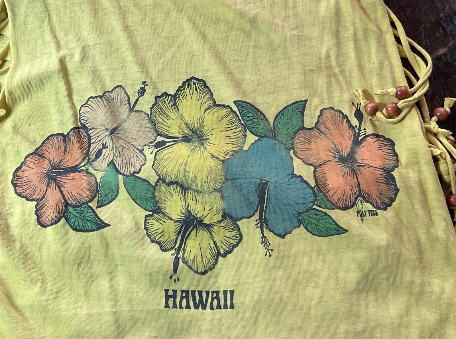Vintage 1980s Radical Sunny Yellow Hawaiian Flower Top Bead Fringe Size Small
