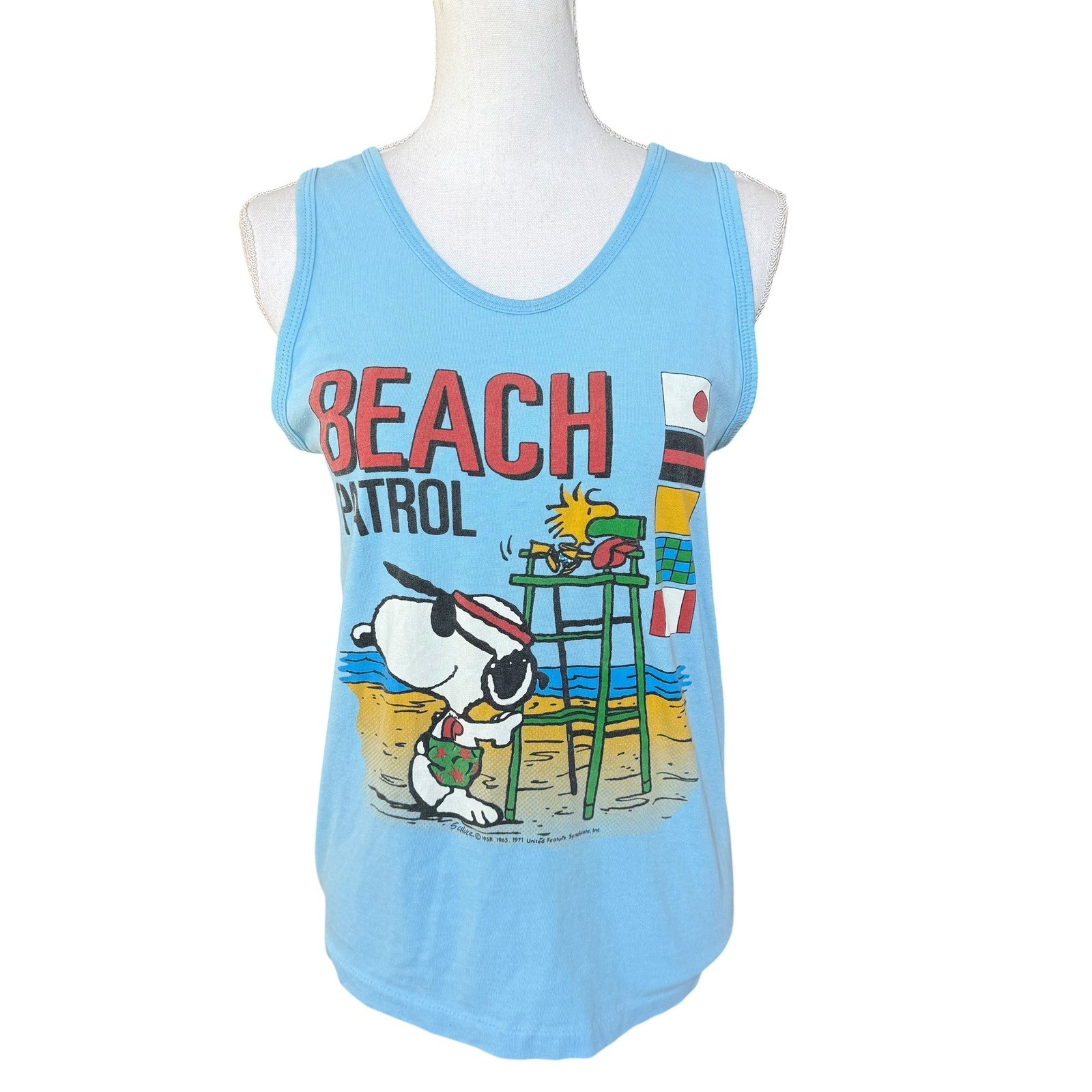 Vintage Artex Snoopy Peanuts Beach Patrol Tank Top Blue Graphic Tee Women Medium