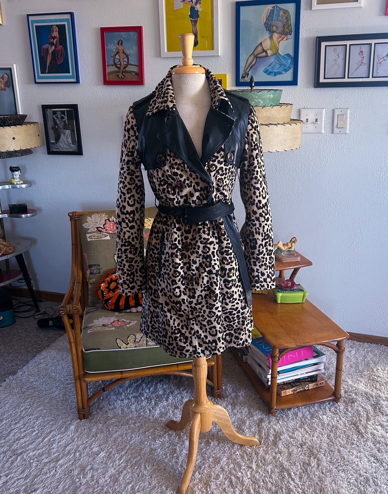 Retro 1950s style Coat | Leopard | Trench | Belted | S M | Colorblock | 60s