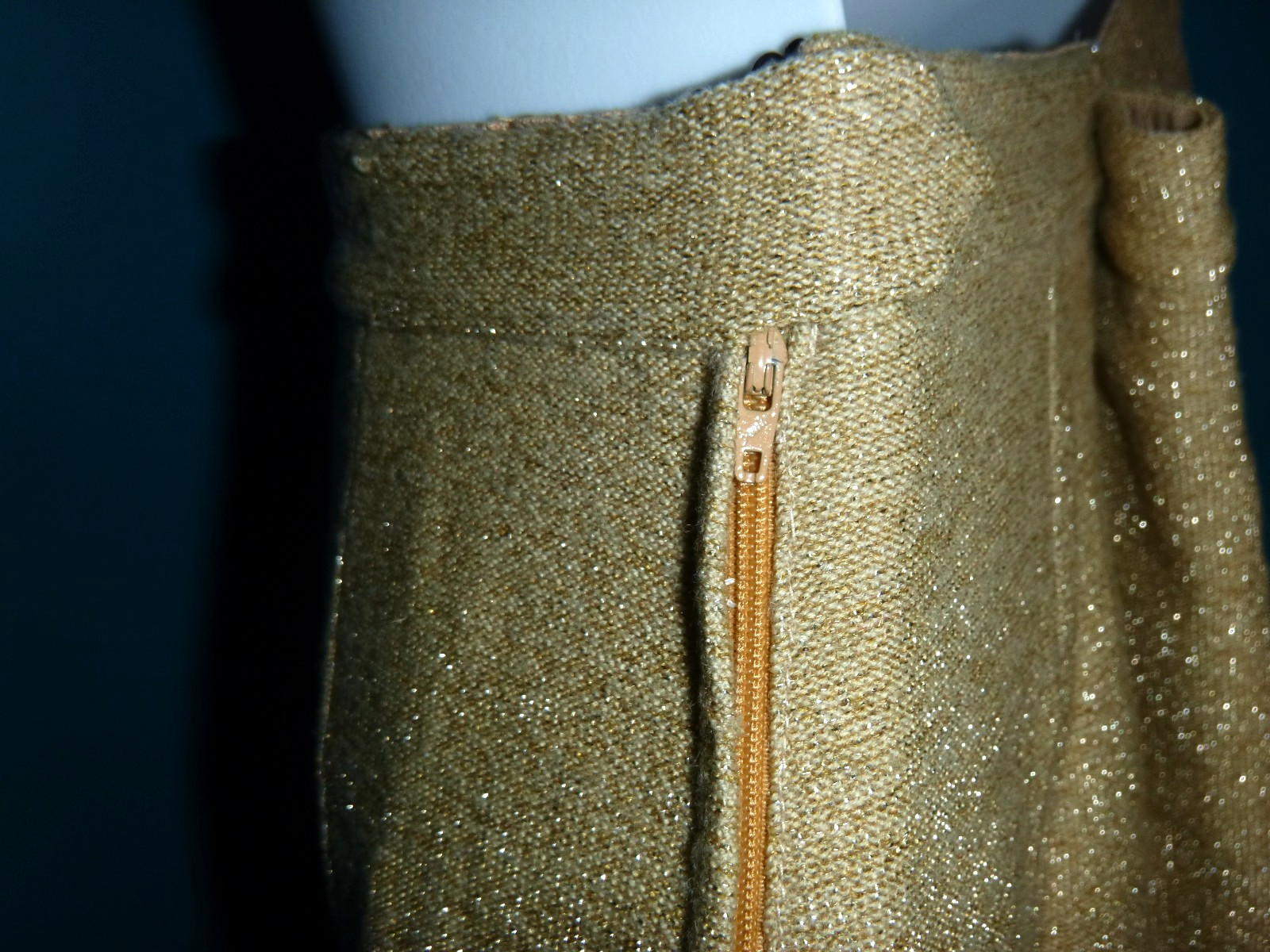 Vtg 60s Gino Paoli 2 Pc Wool Knit Cardigan & Skirt Set Gold metallic Beading S/M