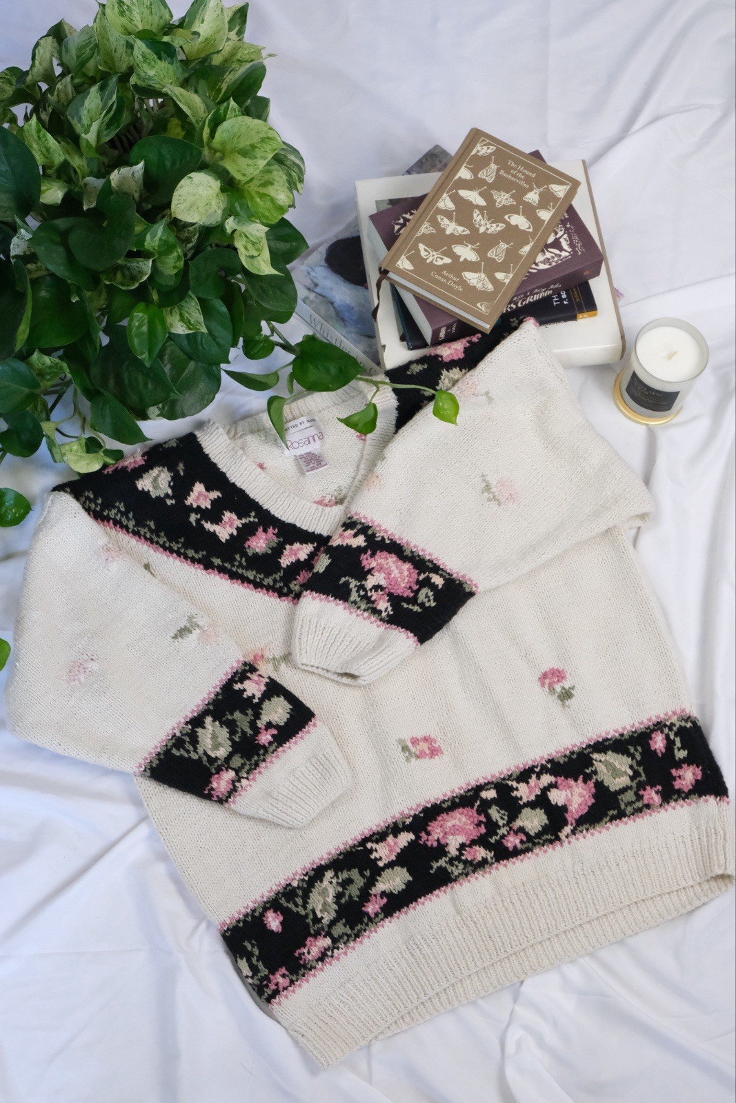 Rosanna Knitted by Hand Floral Sweater 3X Ivory Black Pink Green Ramie Cotton