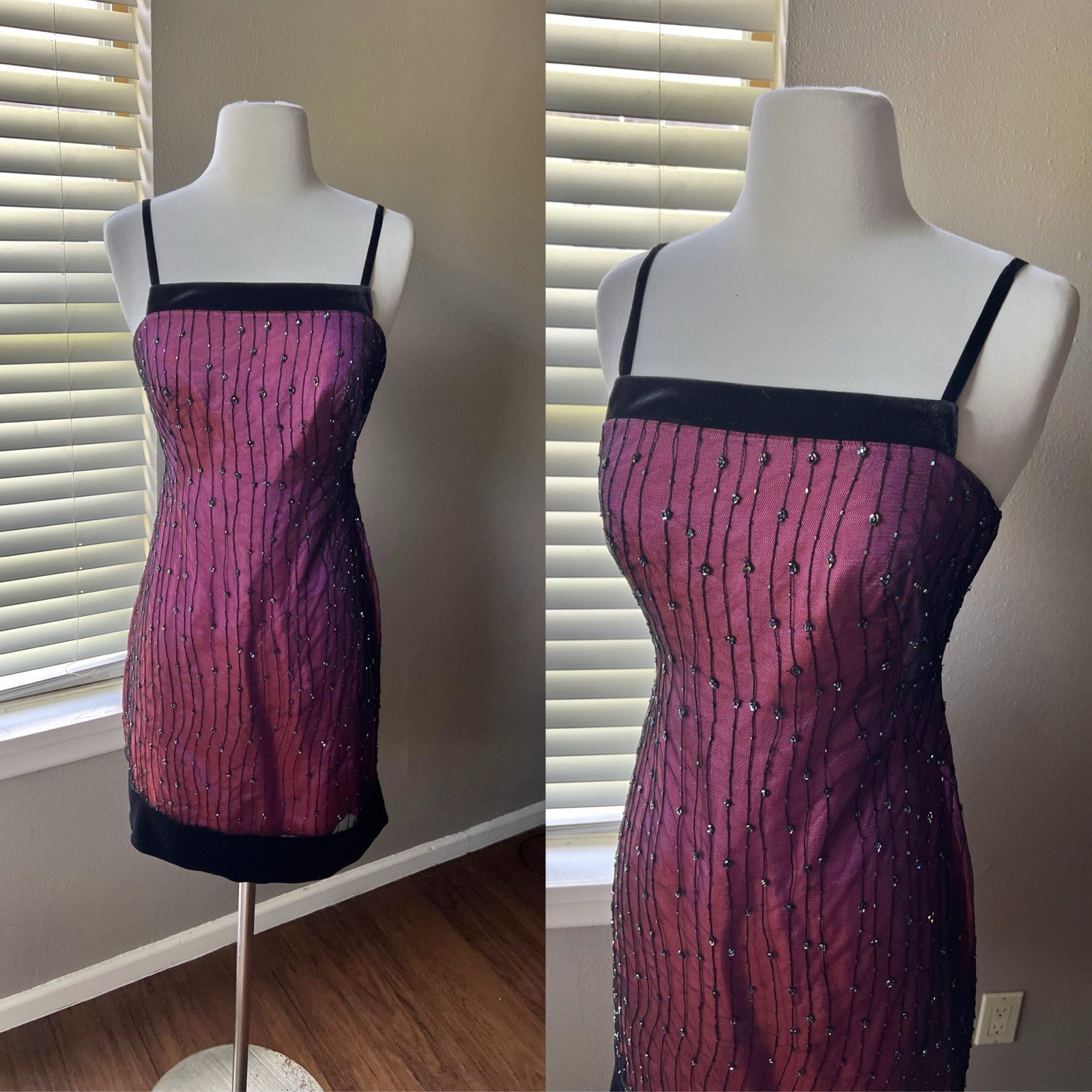 Vintage Rimini by Shaw Dress Iridescent Pink Black Mini Mesh Beaded Velvet Y2K