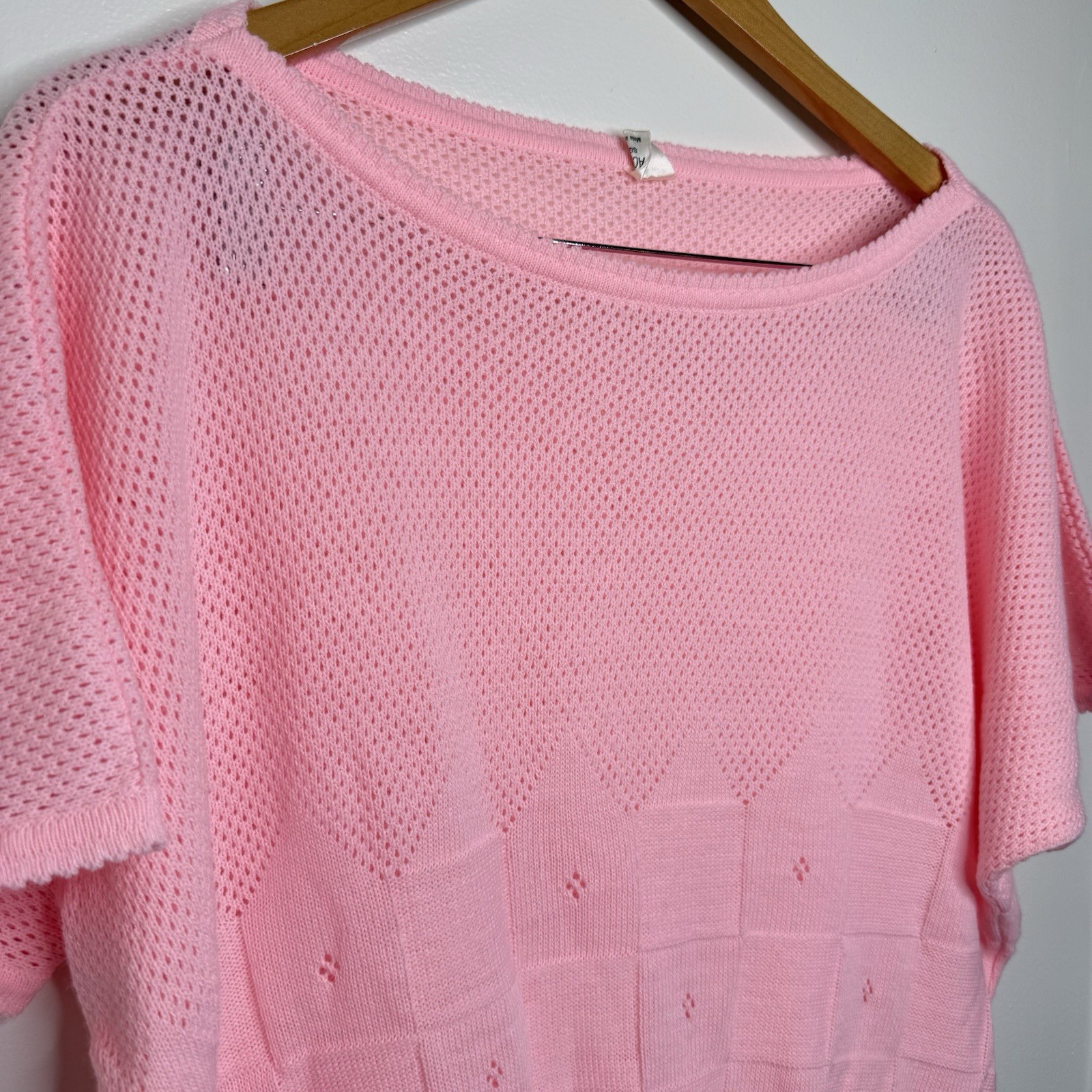Vintage 80s Pink Lightweight Knit Sweater Women’s Size XL Pointelle Pastel