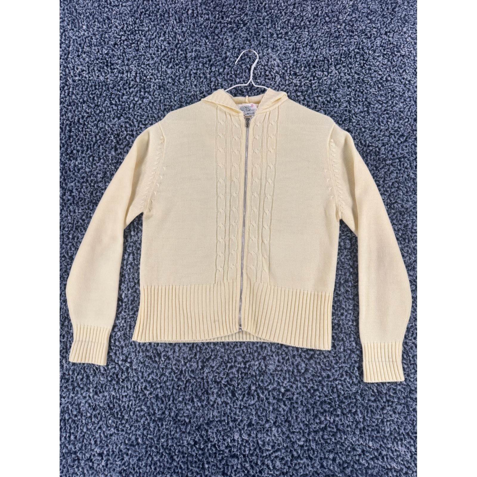 Vintage Sears JR Bazaar Yellow Cable Knit Full Zip Hoodie Sweater Large 5405