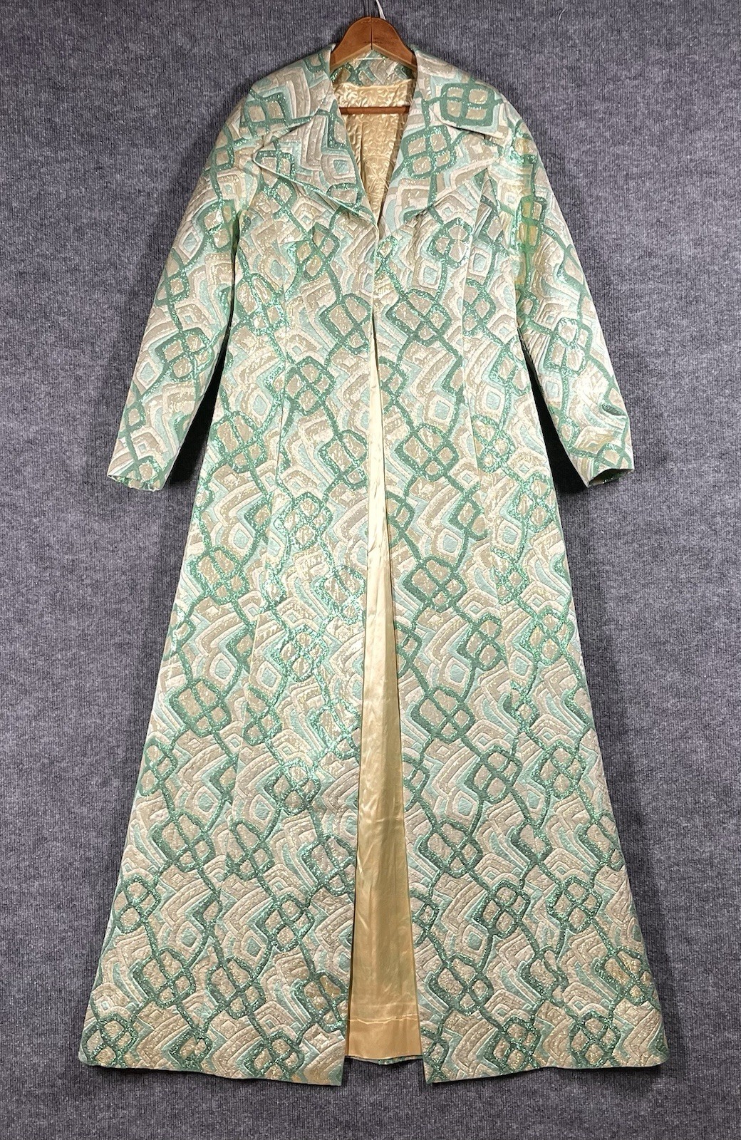 VINTAGE 60s Hanson Hong Kong Silk Blue Gold Brocade House Coat Dress Embroidered