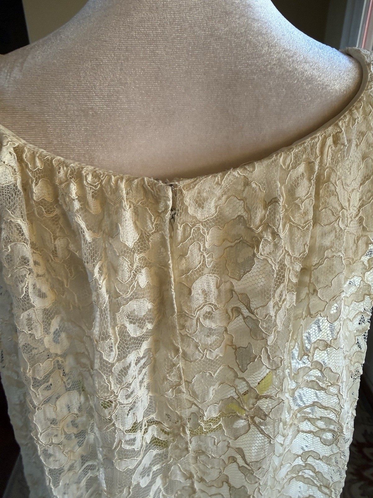 Victorian Ivory Lace Slip Dress 1960s Floral Long 53” SZ 9 Chartreuse Ribbon
