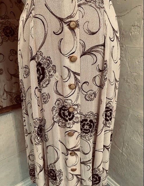 Vintage 40s Linen Rayon Crepe Floral Novelty Print Art Deco Dress M
