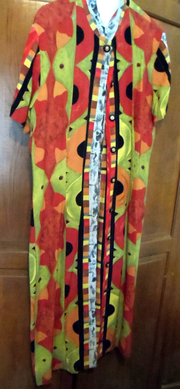 Vintage Women SUE WONG Large Artsy Women Dress Long Red Green Multi Really Nice!