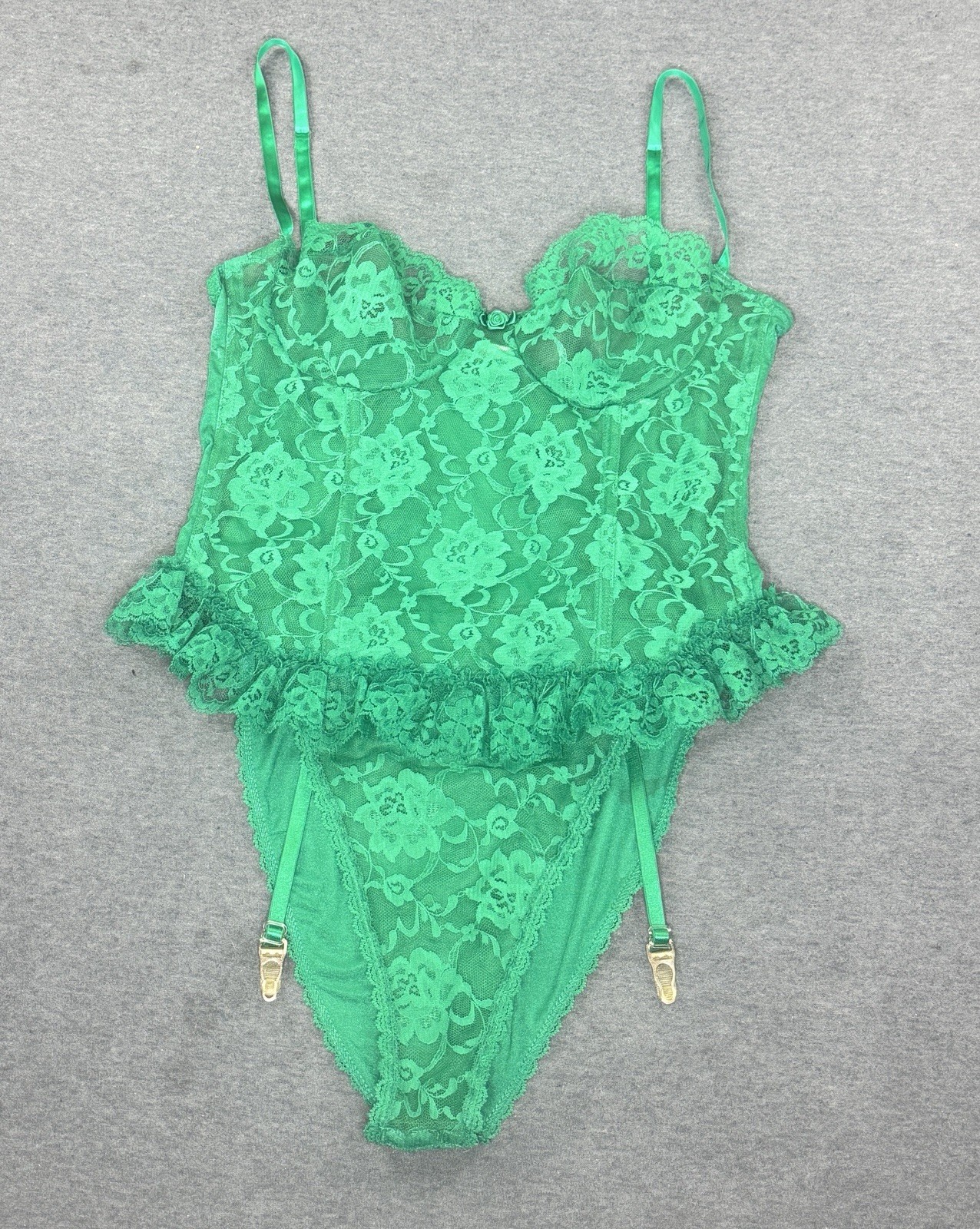 Vintage Emerald Green Lace Lingerie Garter Bodysuit Shirley of Hollywood Size XL